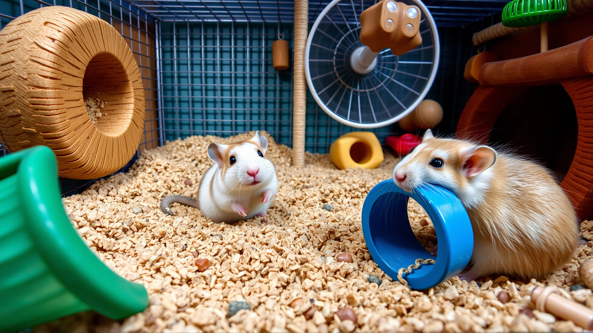 Well-designed gerbil cage with deep bedding, hideouts, exercise wheel, and chew toys, photographed at eye level