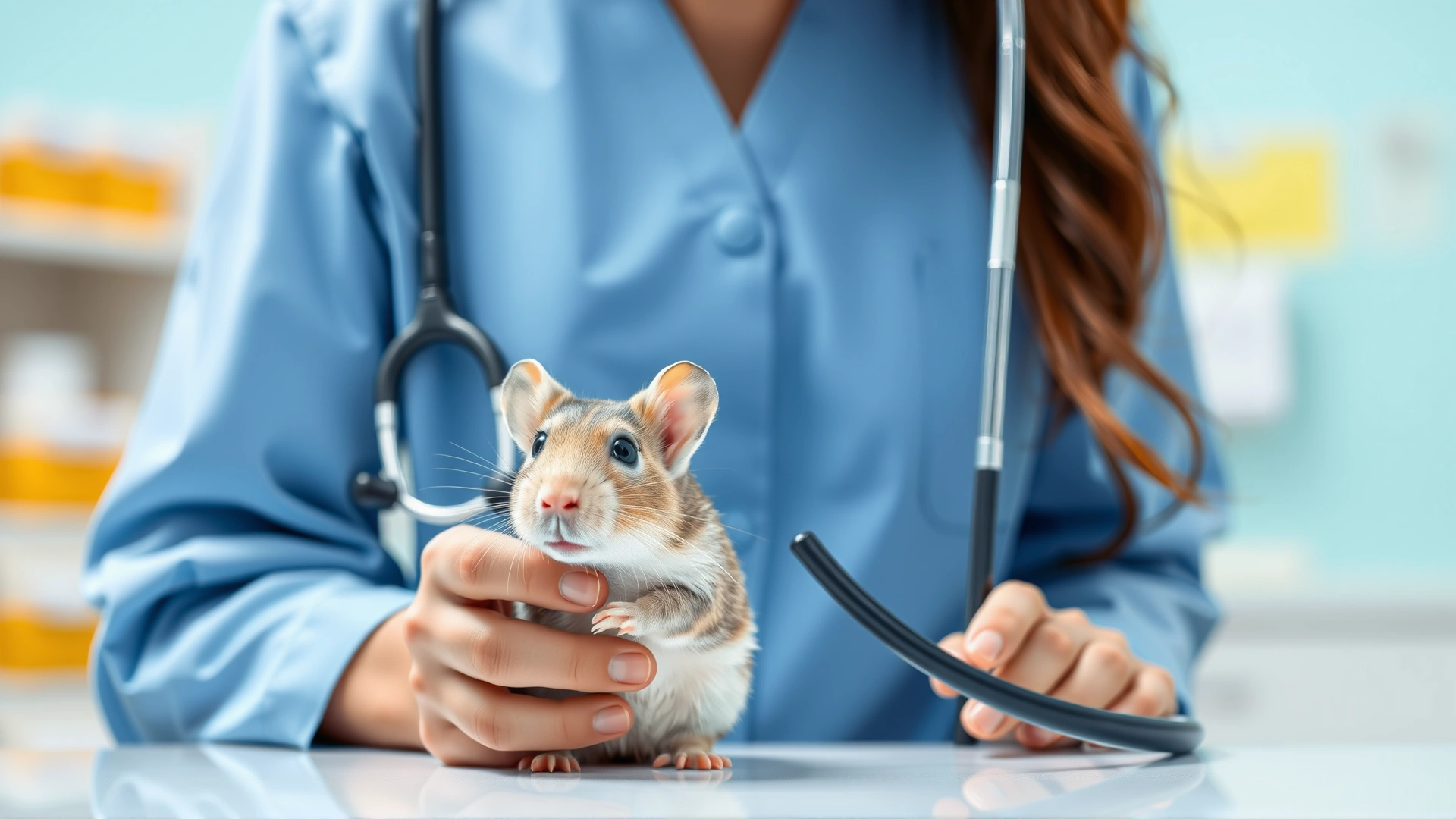 Veterinarian gently examining a gerbil with a stethoscope in a bright, clean clinic.