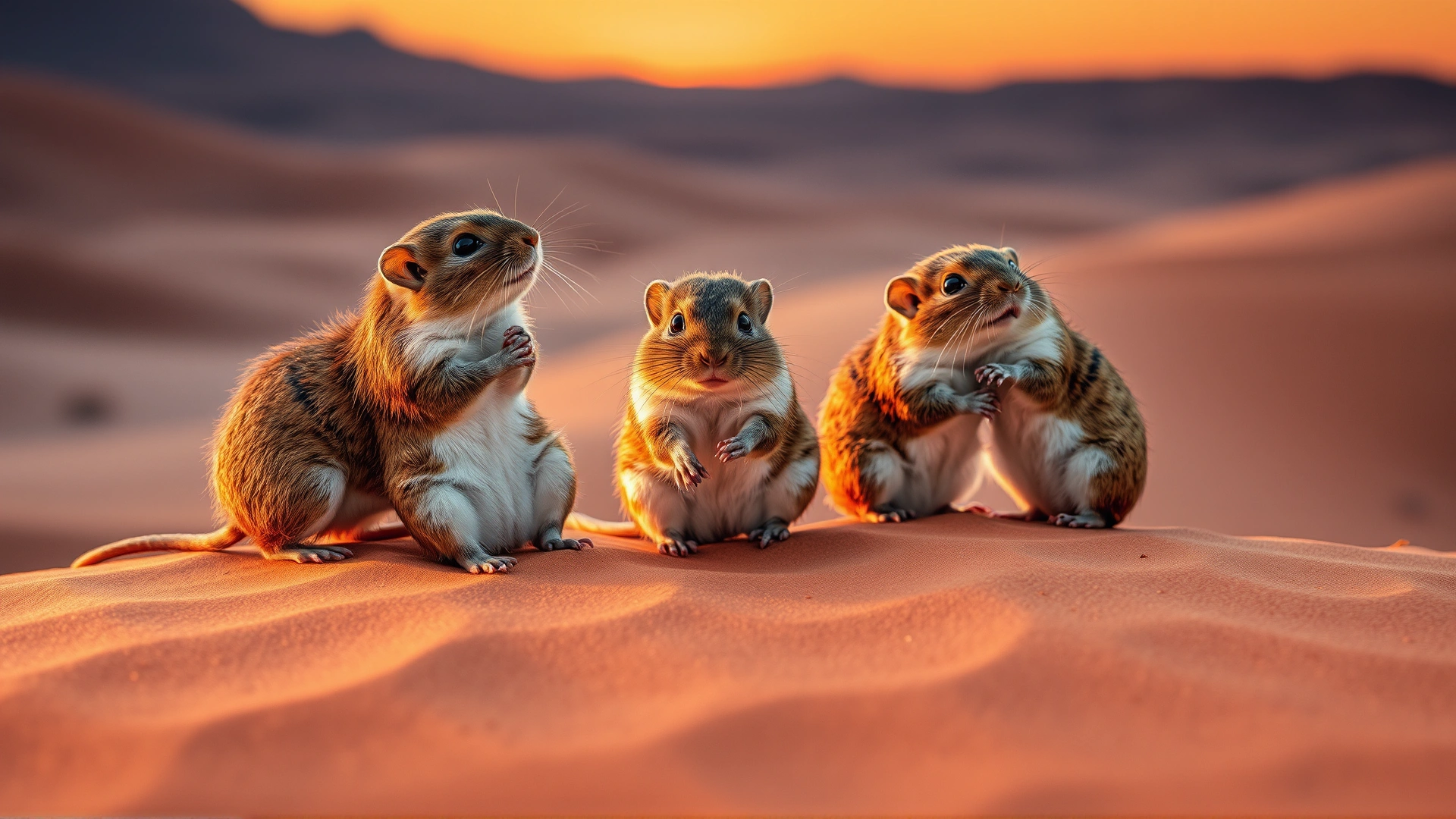 Wild Mongolian gerbils on a desert dune at sunset, showing natural social behavior.