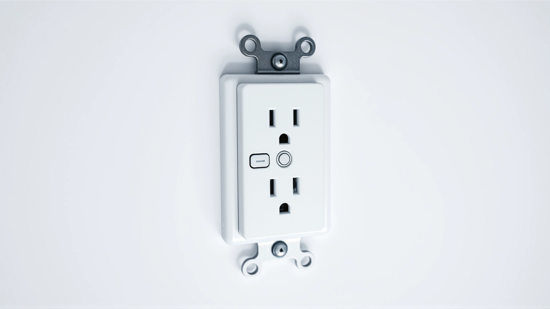 A modern white GFCI electrical outlet with clearly visible reset and test buttons mounted on a clean wall