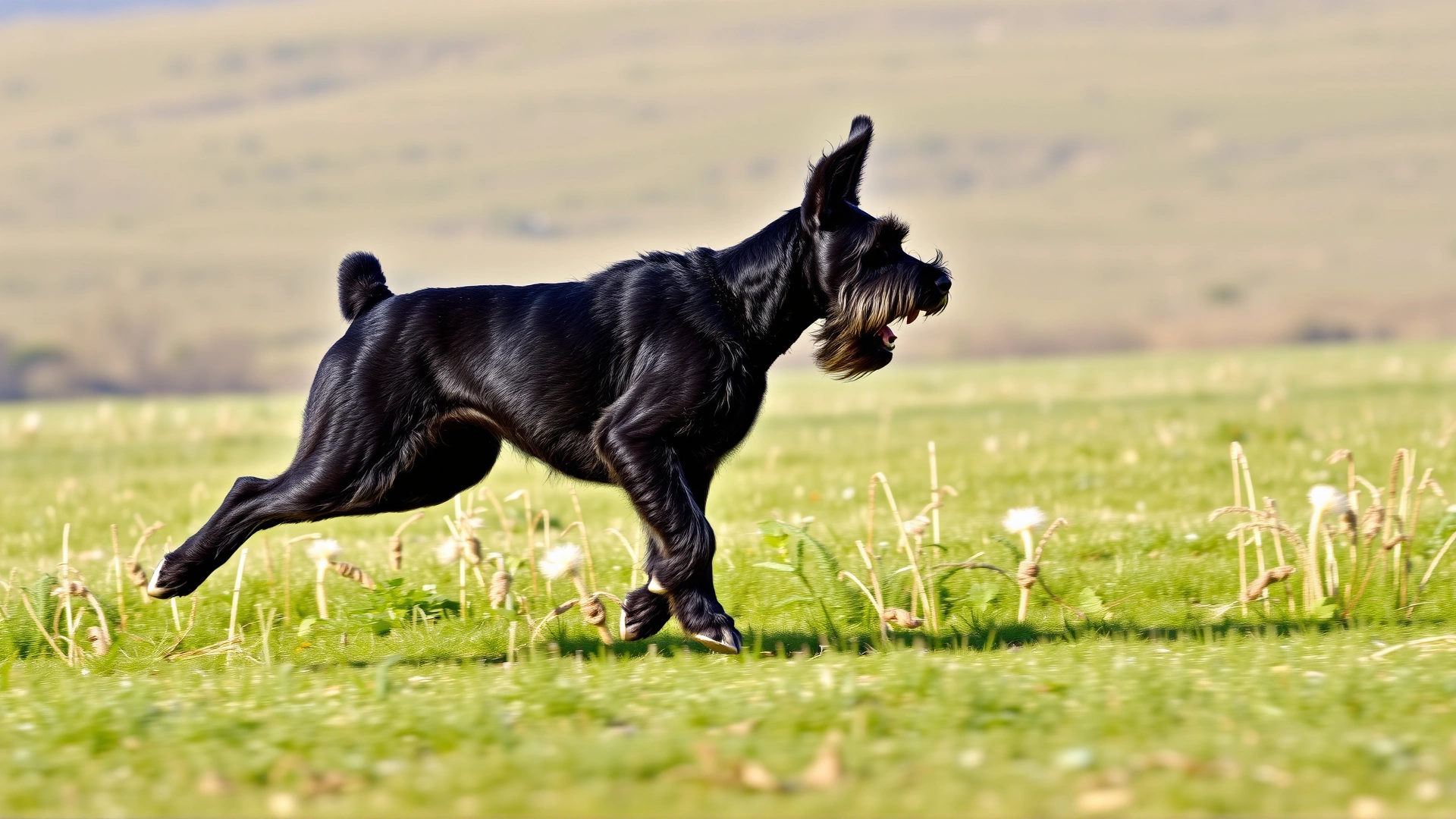 A Giant Schnauzer sprinting across an open field with ears flapping and muscles visible, captured in mid-stride to convey high energy and athleticism.