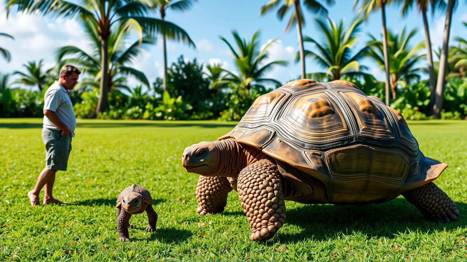 An Aldabra giant tortoise walking slowly on a lush green lawn with a young adult standing a short distance behind it for size comparison, sunny tropical setting.