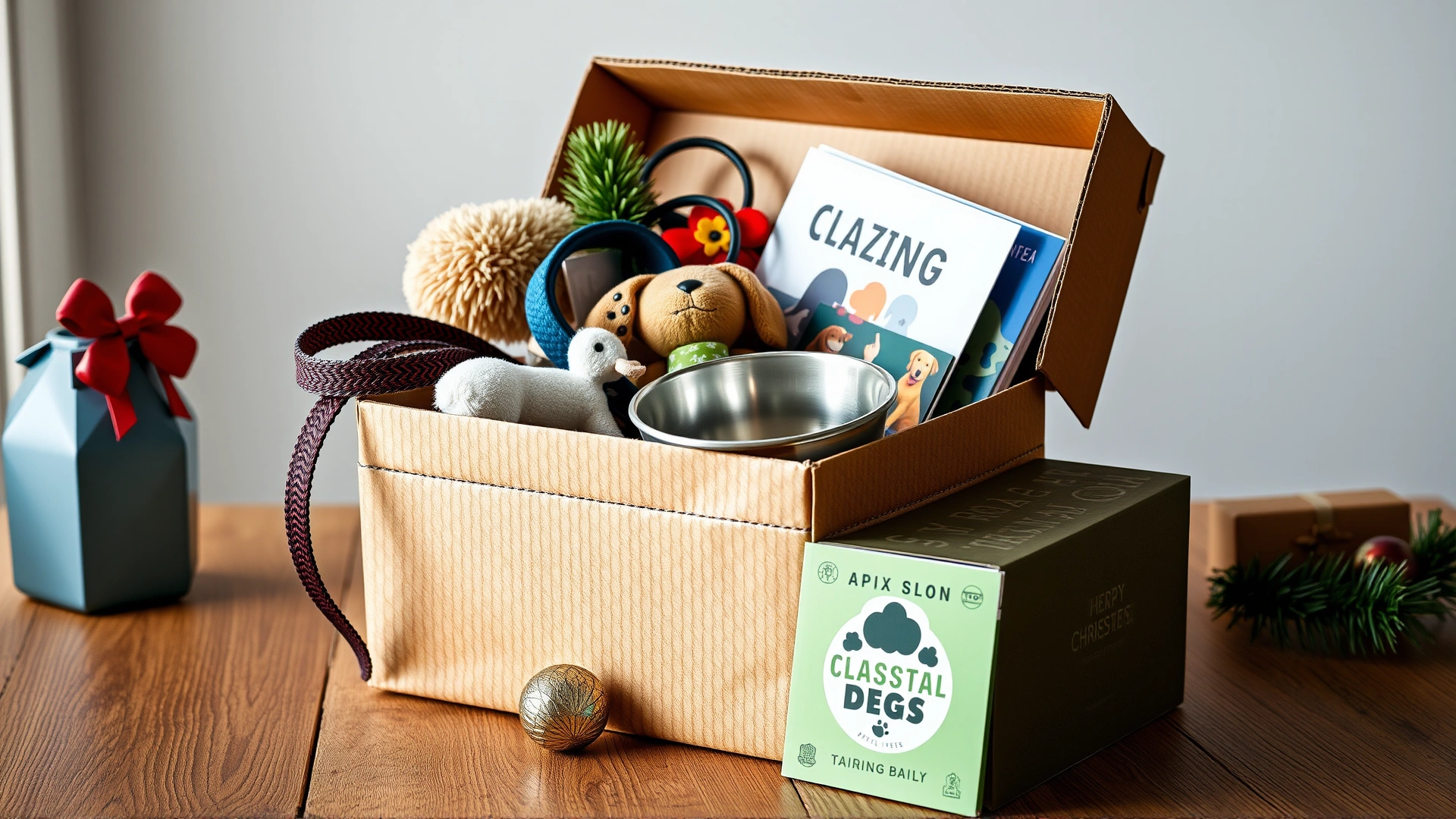 A cardboard gift box overflowing with pet supplies like a leash, plush toy, stainless steel bowl, and a training book, on a wooden table with subtle holiday decor.