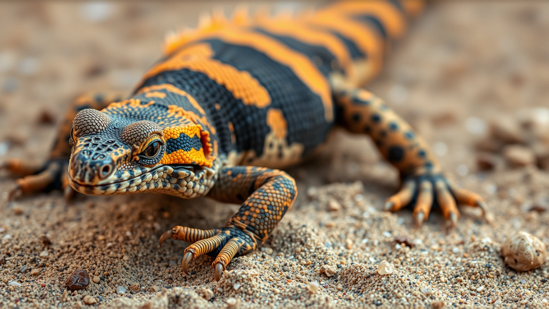 Close-up, high-resolution photo of a Gila monster lizard crawling on desert sand, emphasizing its textured skin and vibrant orange-black pattern