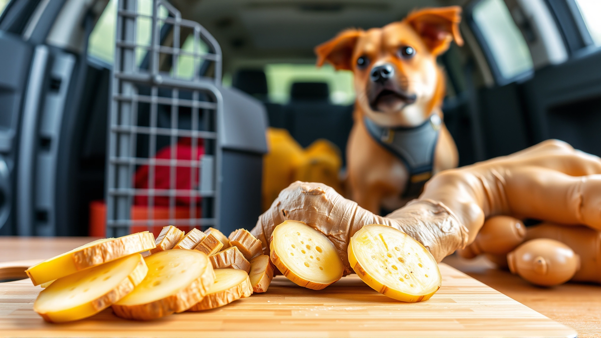 Sliced fresh ginger root on a cutting board with a travel crate and a dog wearing a harness ready for a car trip in the background.