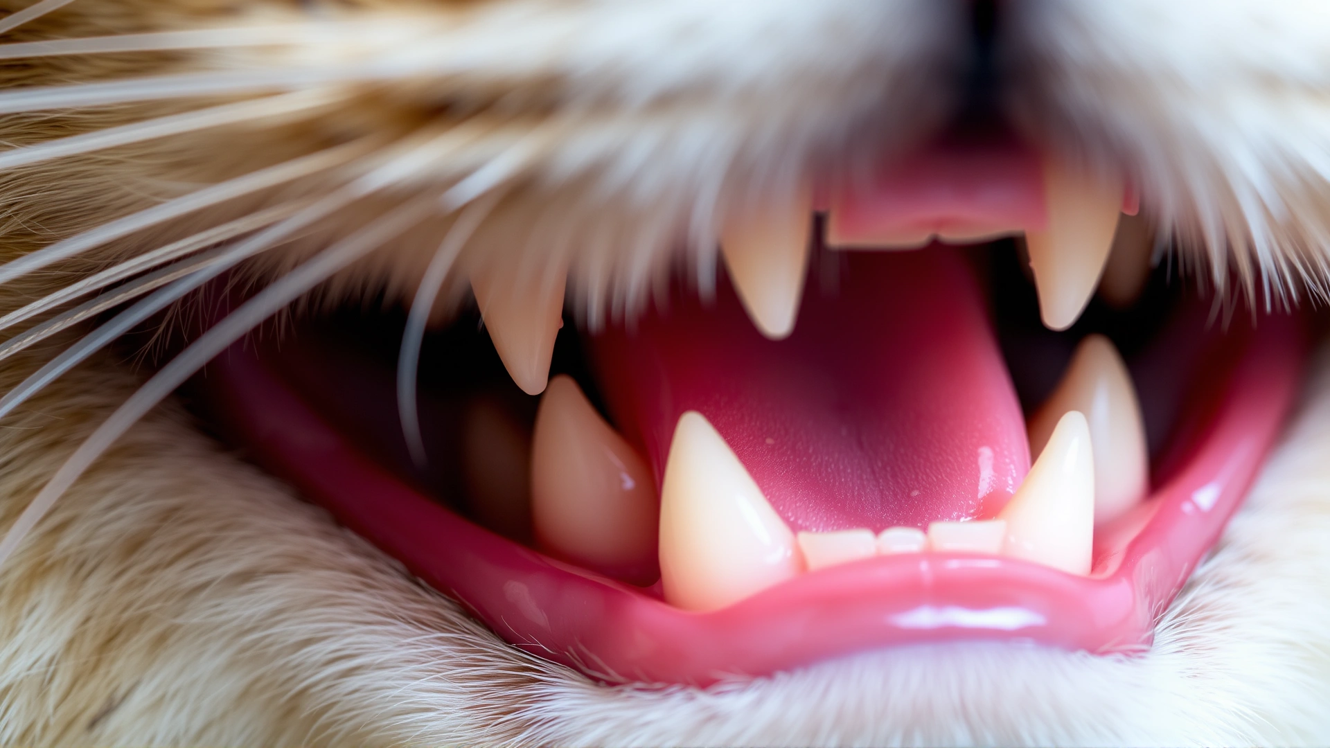 Macro shot of a cat’s gums showing pink tissue with visible gingival hyperplasia, focus on dental details