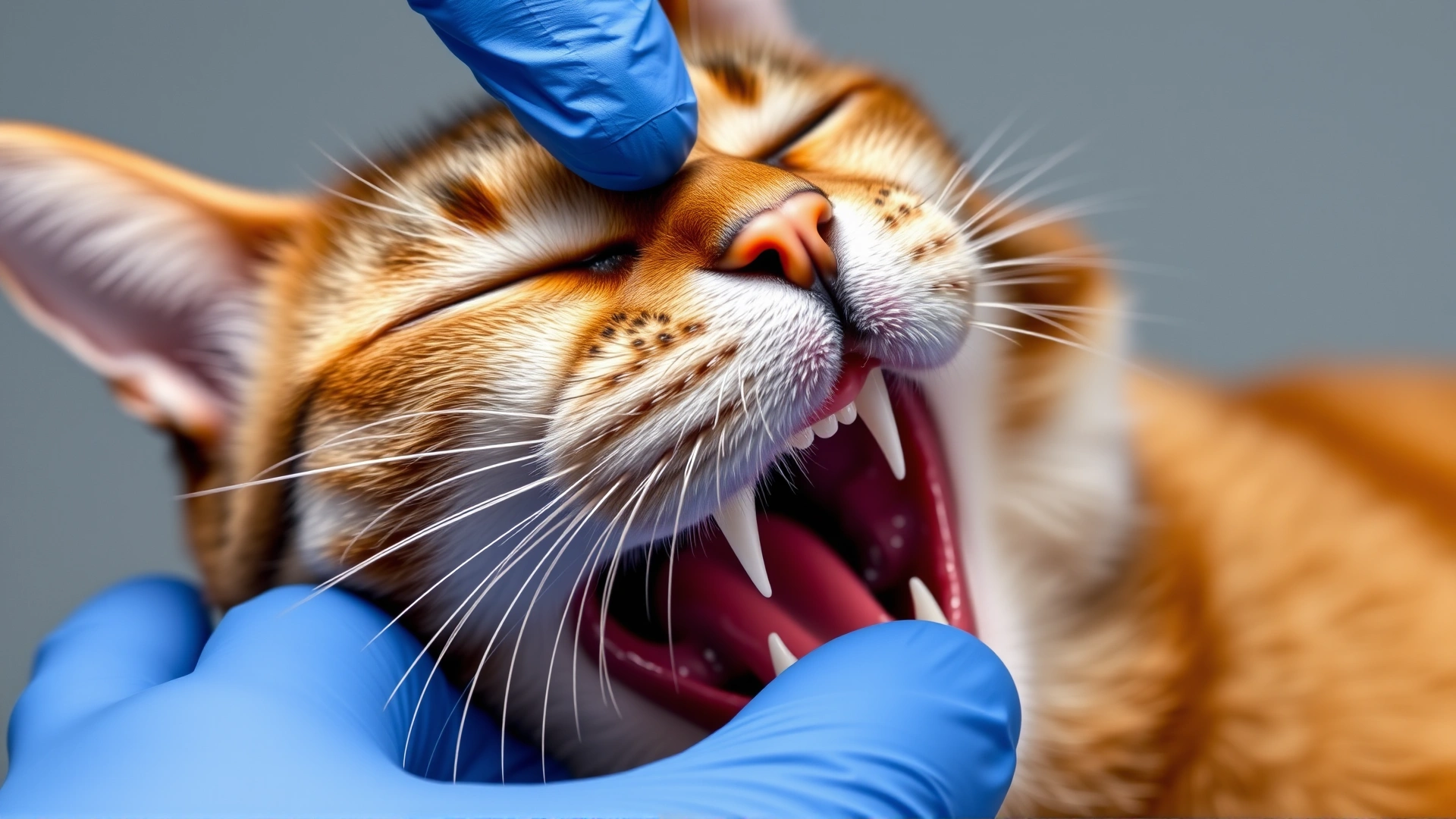 Domestic cat with mouth gently opened by a veterinarian glove, revealing visibly red and swollen gums for educational veterinary context, studio lighting