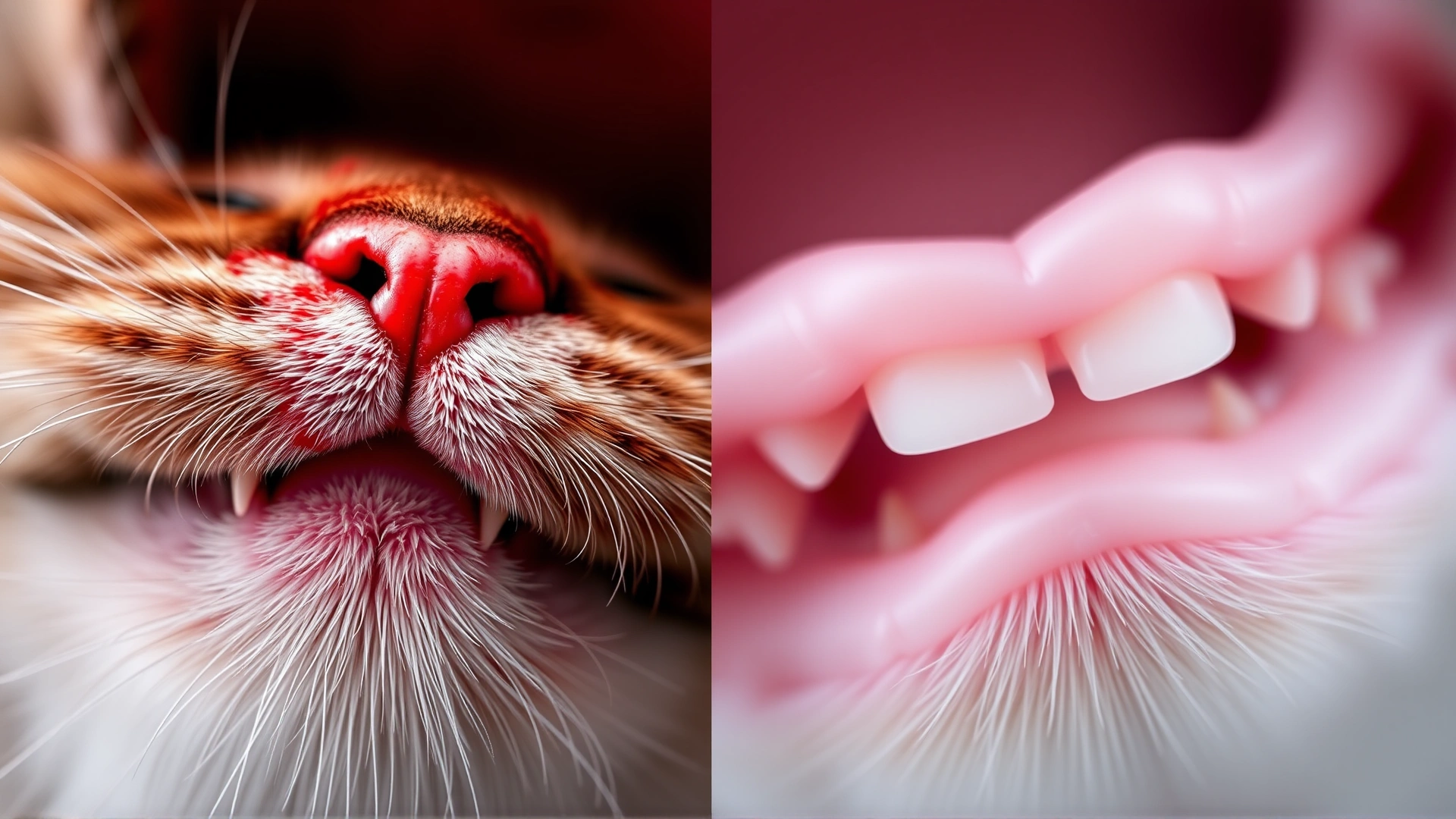 Macro photograph showing a comparison of inflamed red cat gums next to healthy pink gums (split-view style, no text).