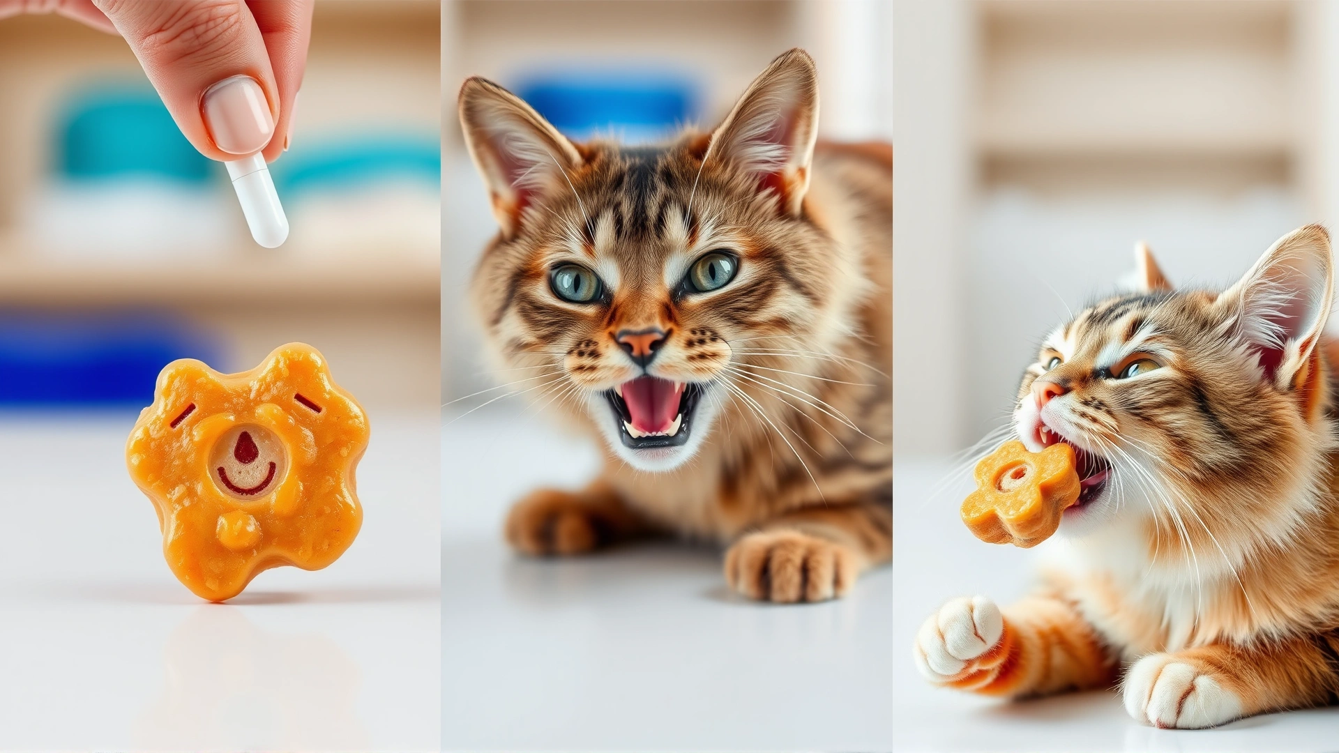 Step-by-step scene collage: hand inserting a pill into a soft cat treat, cat eagerly accepting the treat, bright clean setting.