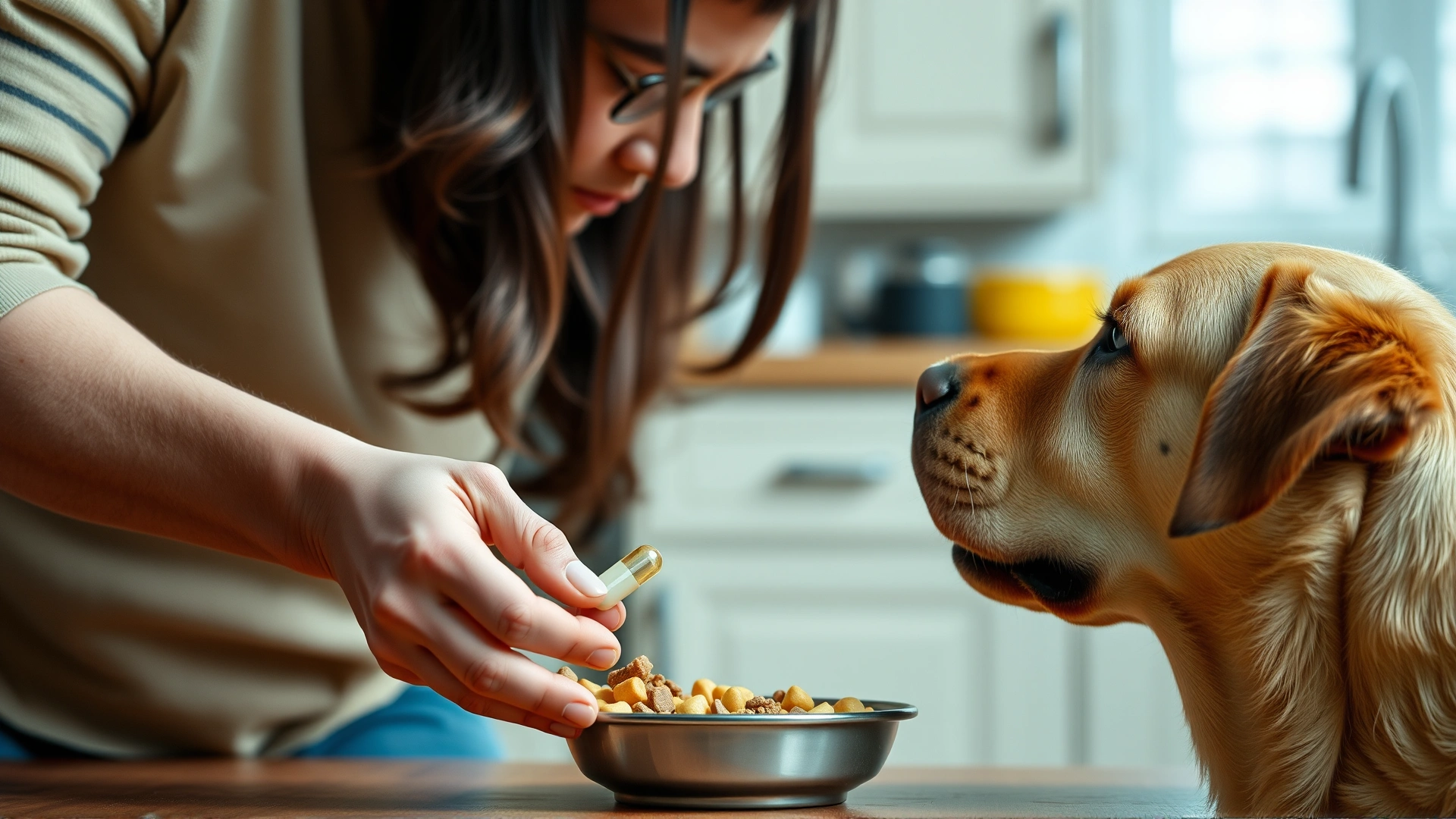 Pet owner hiding a capsule inside a small piece of wet food before offering it to a Labrador Retriever, kitchen background