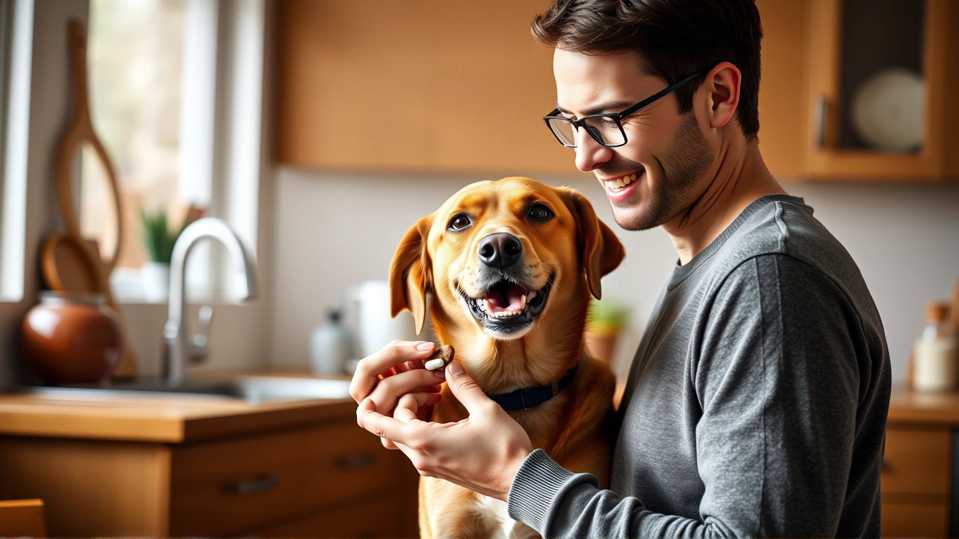 Owner giving a pill to a dog using a pill pocket treat, home kitchen background, warm lighting.