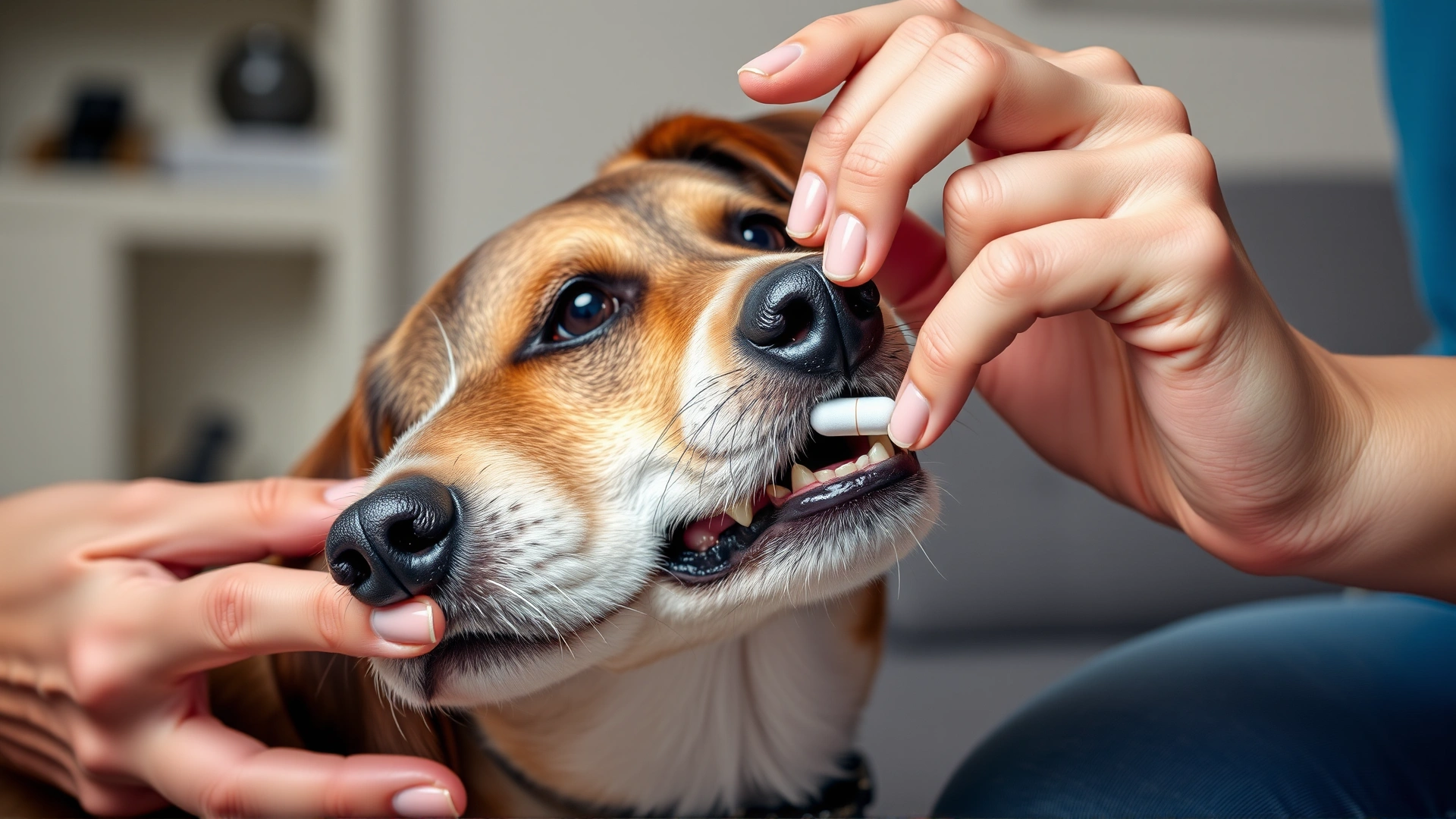 A pet parent gently administering a small pill to a medium-sized dog indoors, showing the hand and dog's mouth, no brand names.