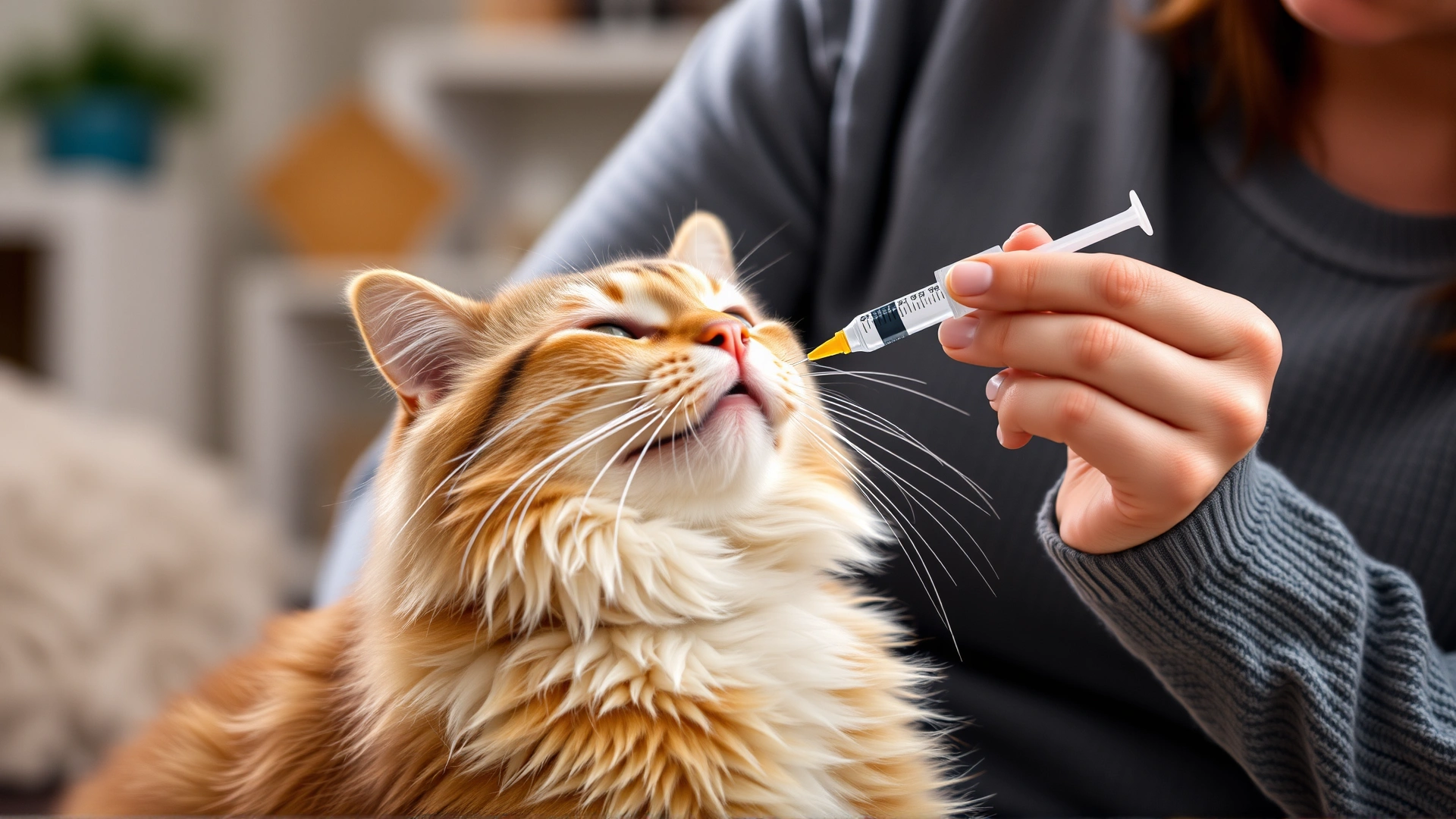 A pet parent administering liquid medication to a relaxed cat using an oral dosing syringe at home, cozy indoor setting.
