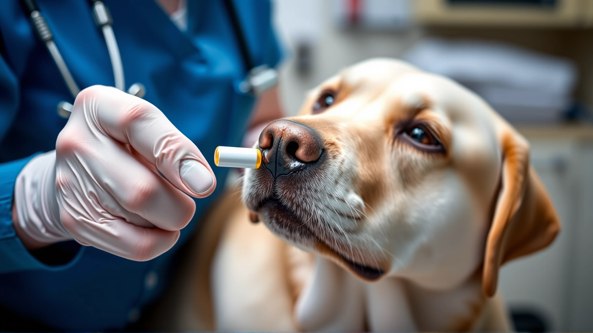 Veterinarian’s hand offering a pill to a calm Labrador Retriever; focus on the interaction in a clinical environment.