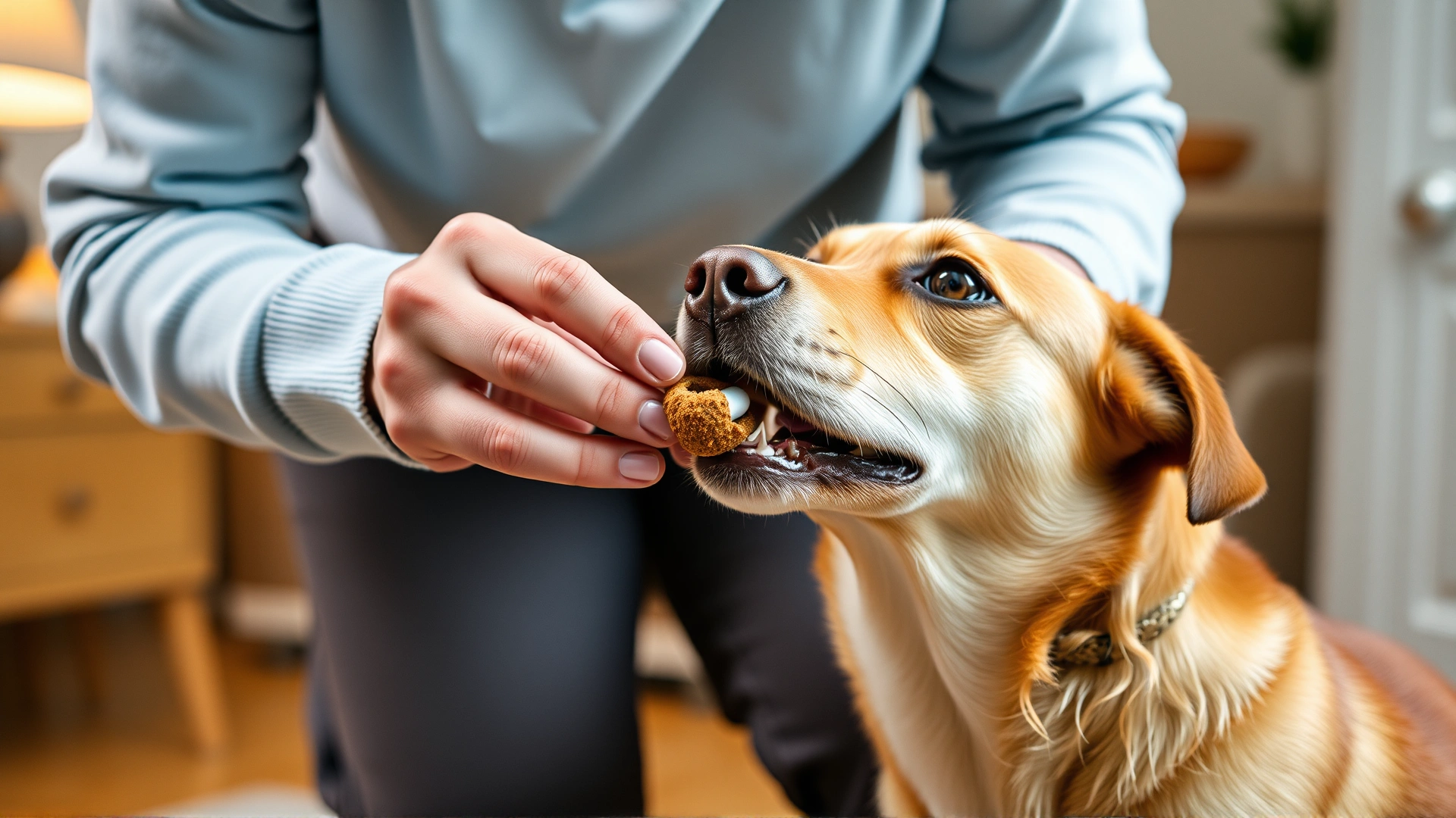 Pet owner gently giving a pill wrapped in a treat to a medium-sized dog in a cozy home environment, warm lighting.