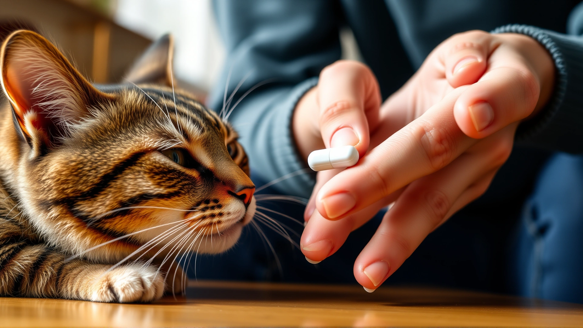 Close-up of an owner giving an oral deworming tablet to a calm cat, focus on the hands and pill, home setting, natural light