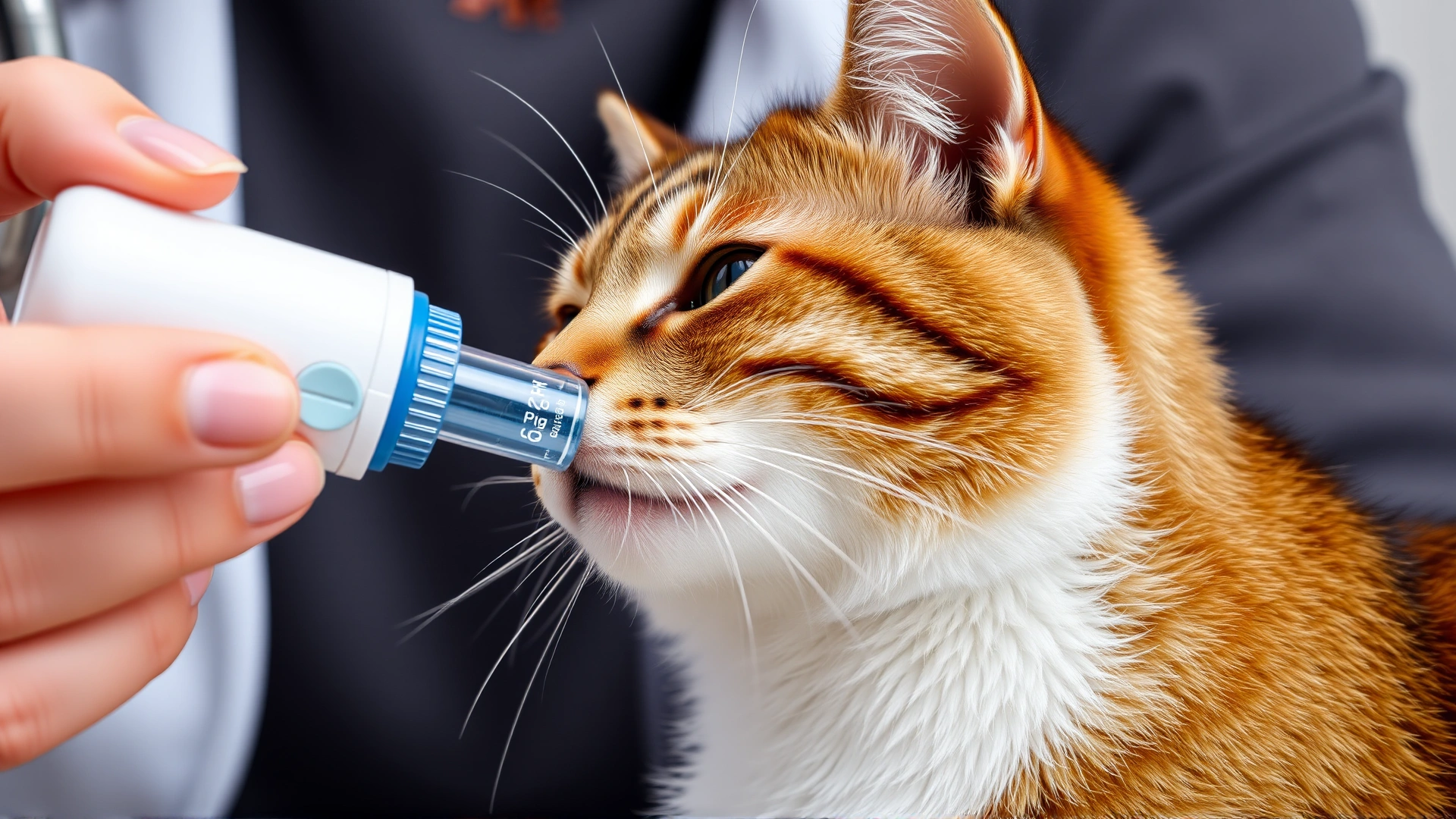 Close-up of a pet owner gently giving a tablet to a cat using a pill dispenser, demonstrating safe administration, no text, high-resolution photo.