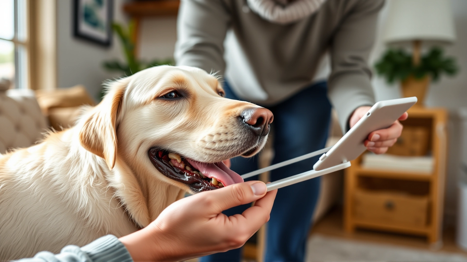 Close-up photo of a dog owner giving a small white tablet to a happy Labrador Retriever in a cozy home setting, natural daylight