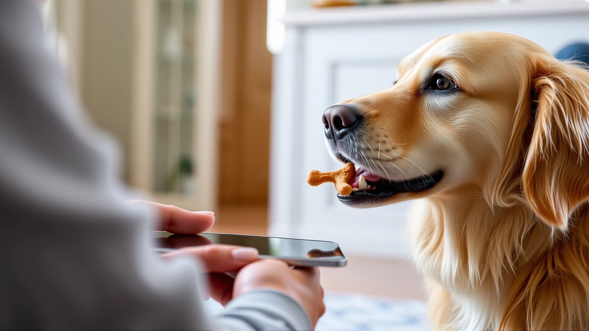 Pet owner giving a tablet to a golden retriever with a treat, indoor home setting, focus on hand and dog's mouth