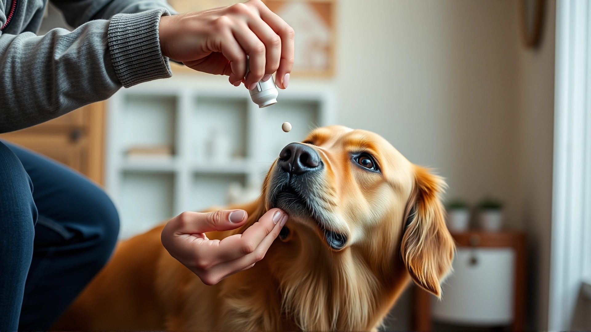 Owner using a pill popper to give a tablet to a golden retriever, indoor setting, shallow depth of field.