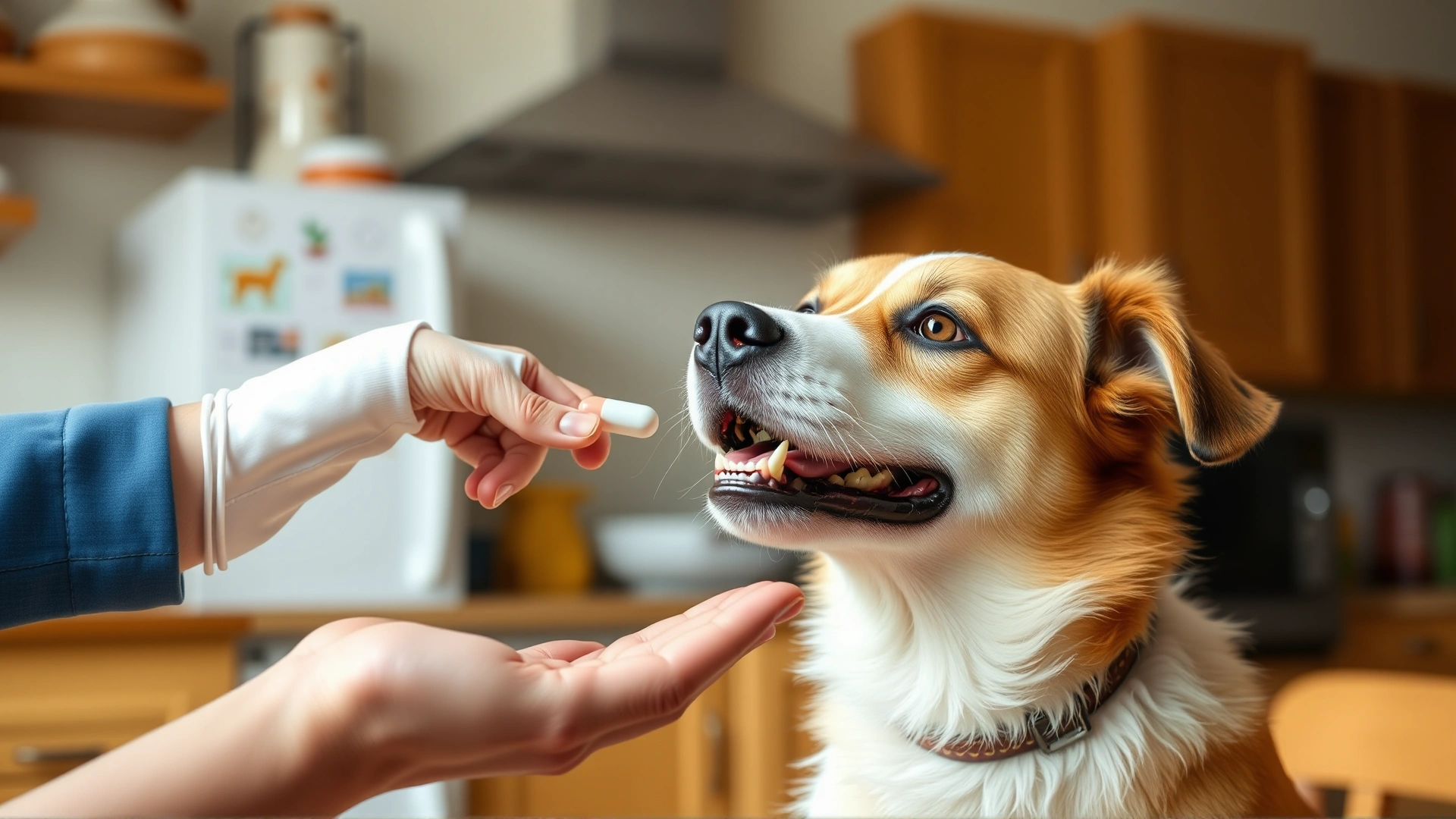 Human hand giving a pill to a medium-sized dog who is happily accepting it, kitchen setting, natural light.