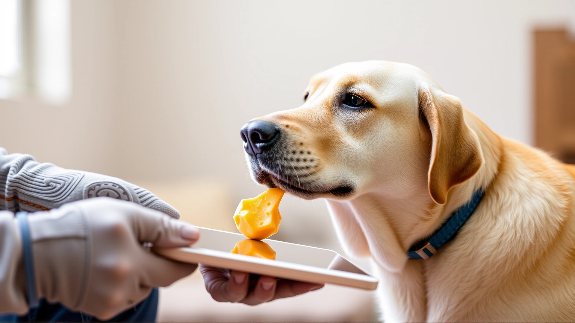 Dog owner wearing gloves giving a white tablet to a calm Labrador Retriever using a treat ball or piece of cheese.