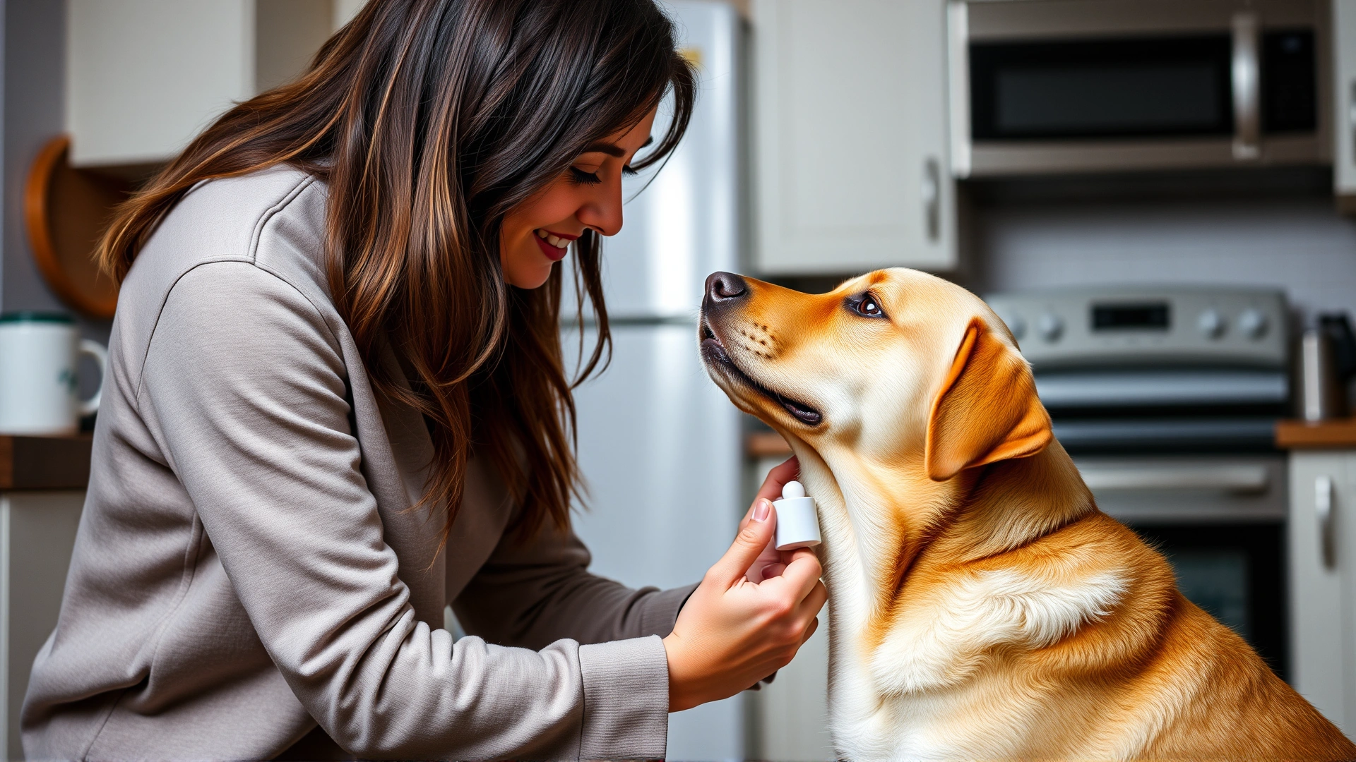 Pet owner gently giving a pill to a Labrador retriever using a pill dispenser, indoor kitchen setting