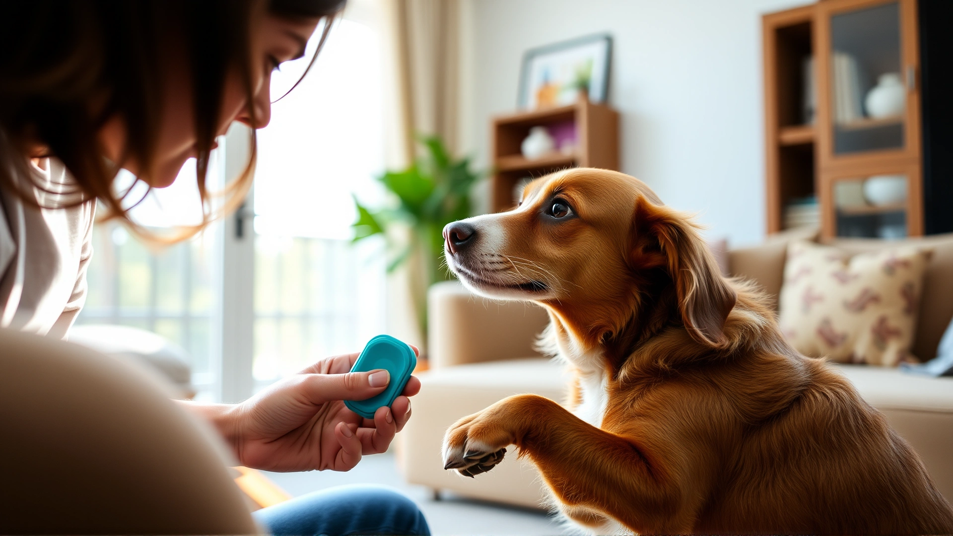 Pet owner giving a small tablet to a cooperative dog using a pill dispenser in a cozy living-room setting, bright natural light, no text.