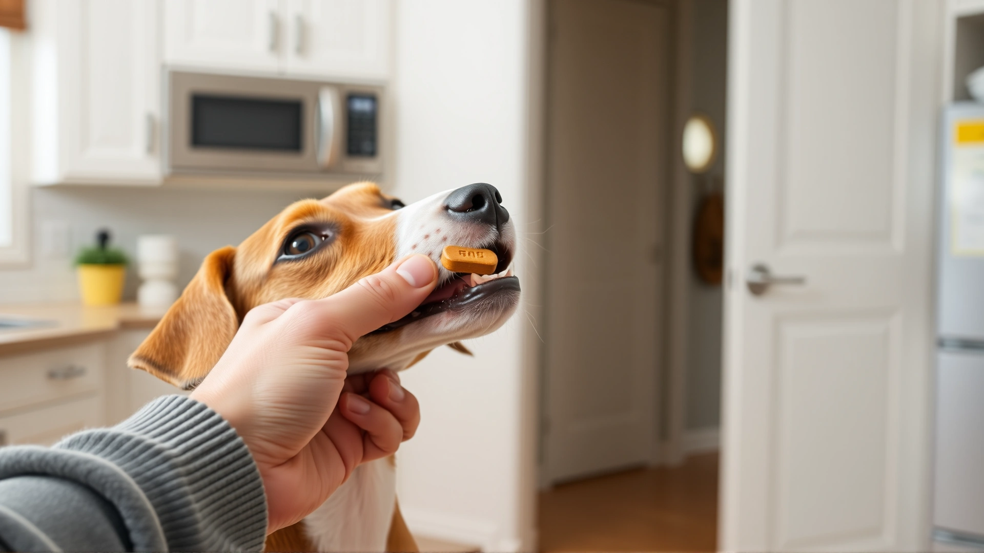 Dog owner’s hand offering a flavored chewable tablet to an eager small beagle inside a bright kitchen.