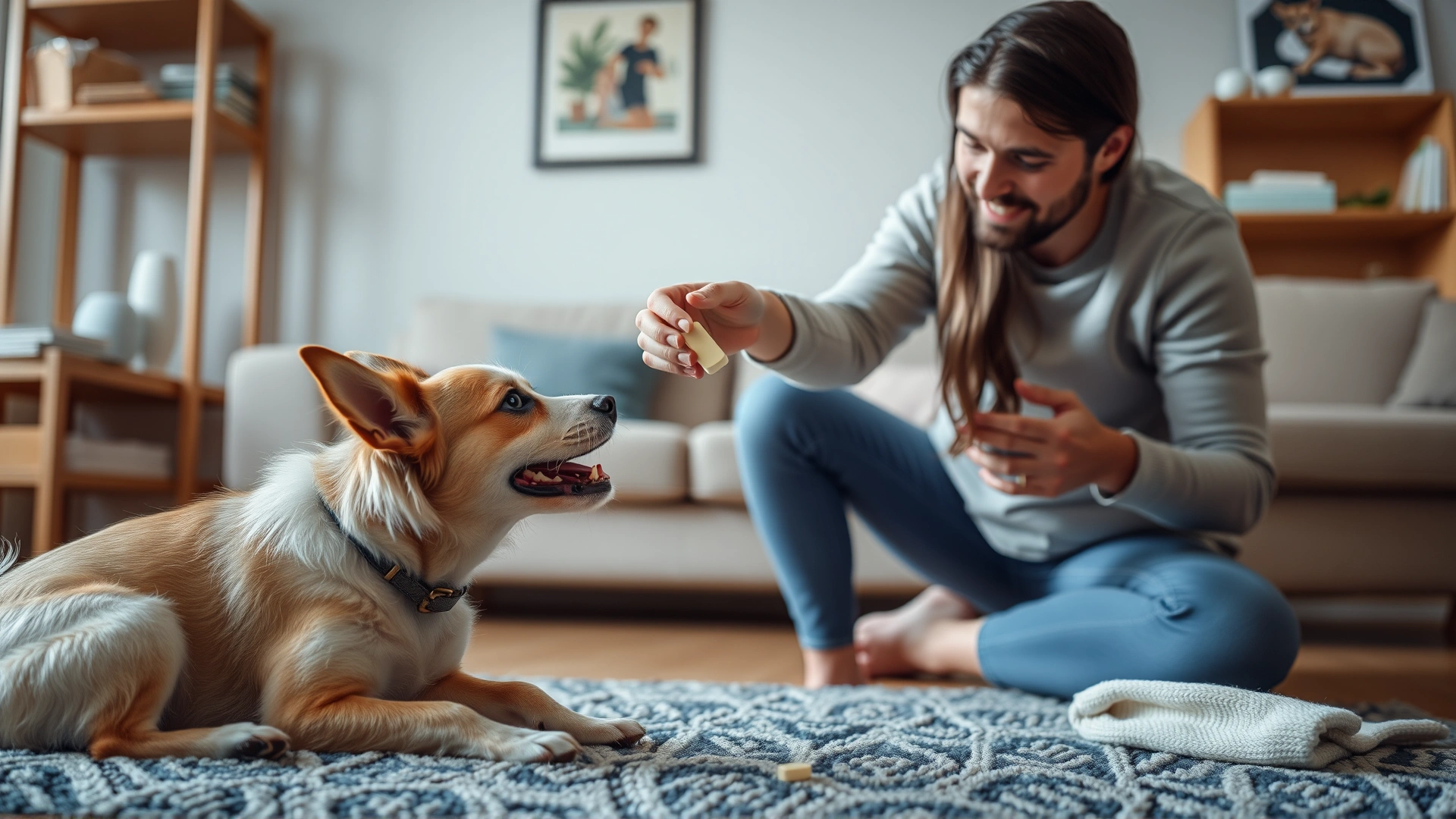 Pet owner kneeling on the living-room floor, offering a chewable tablet to a small dog who eagerly takes it.