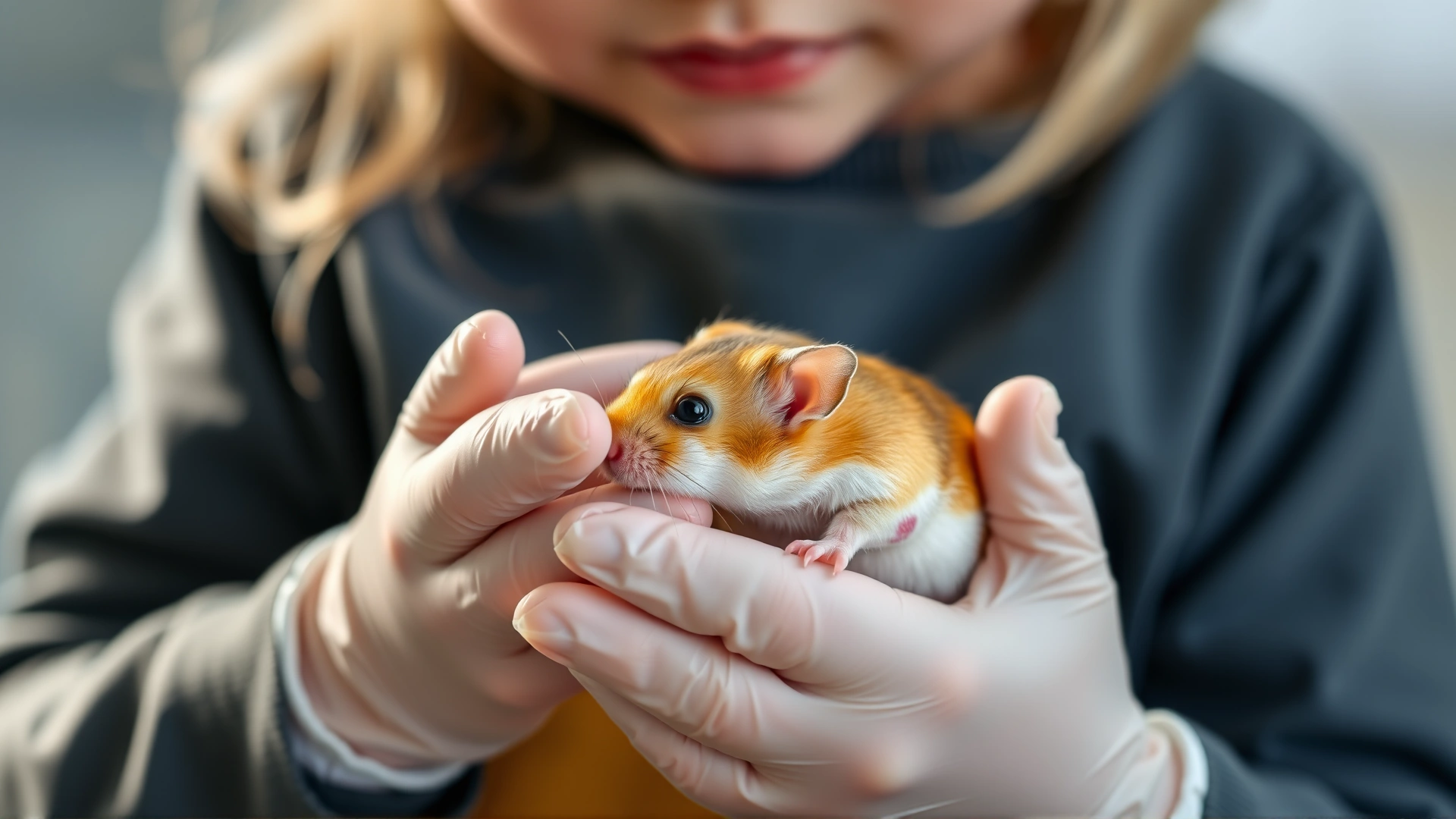 Child wearing disposable gloves gently holding a hamster with visible skin lesions, educational style, soft background