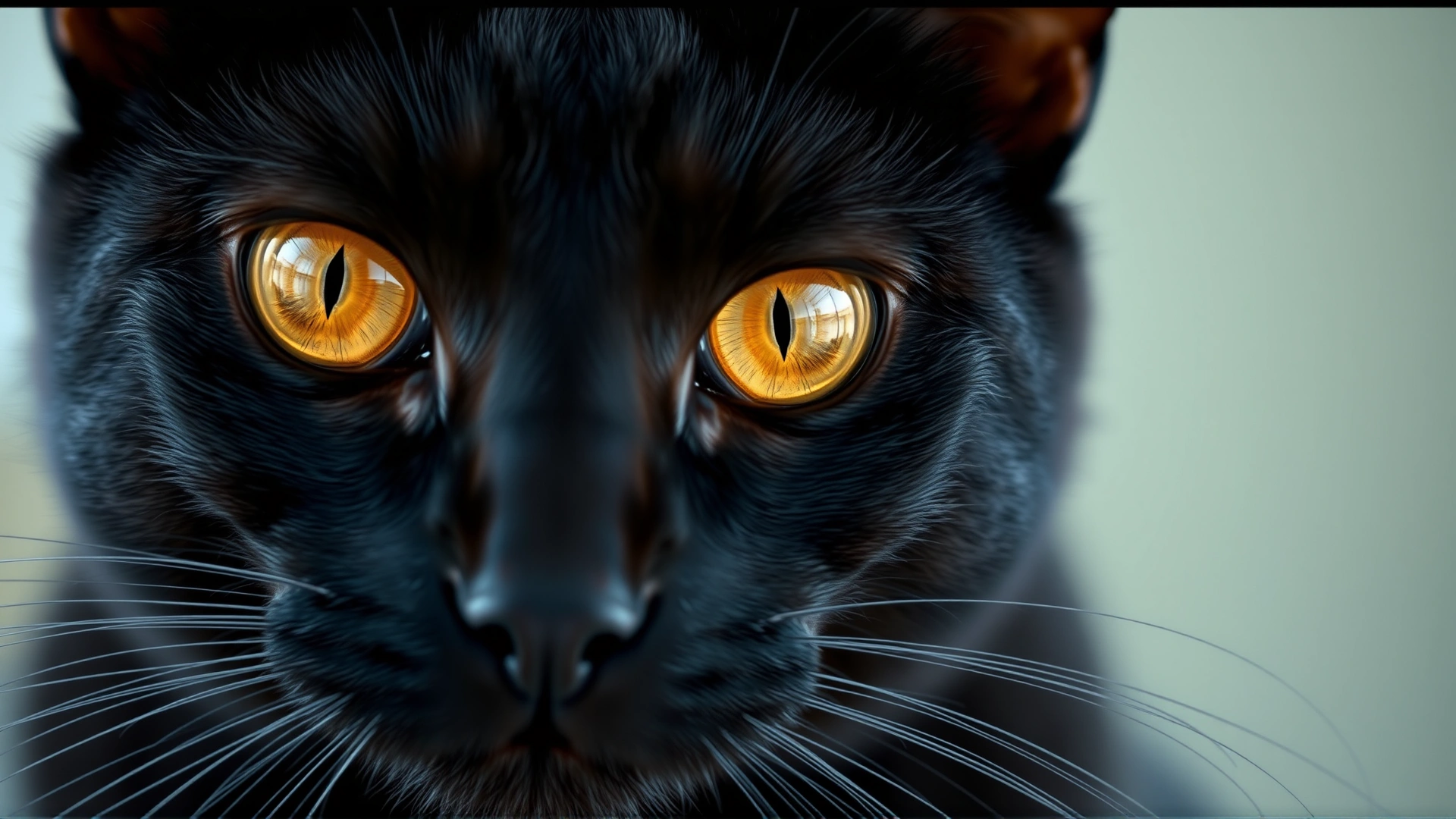 Extreme close-up portrait of a black cat’s face highlighting vivid amber eyes that contrast strikingly against its dark fur.
