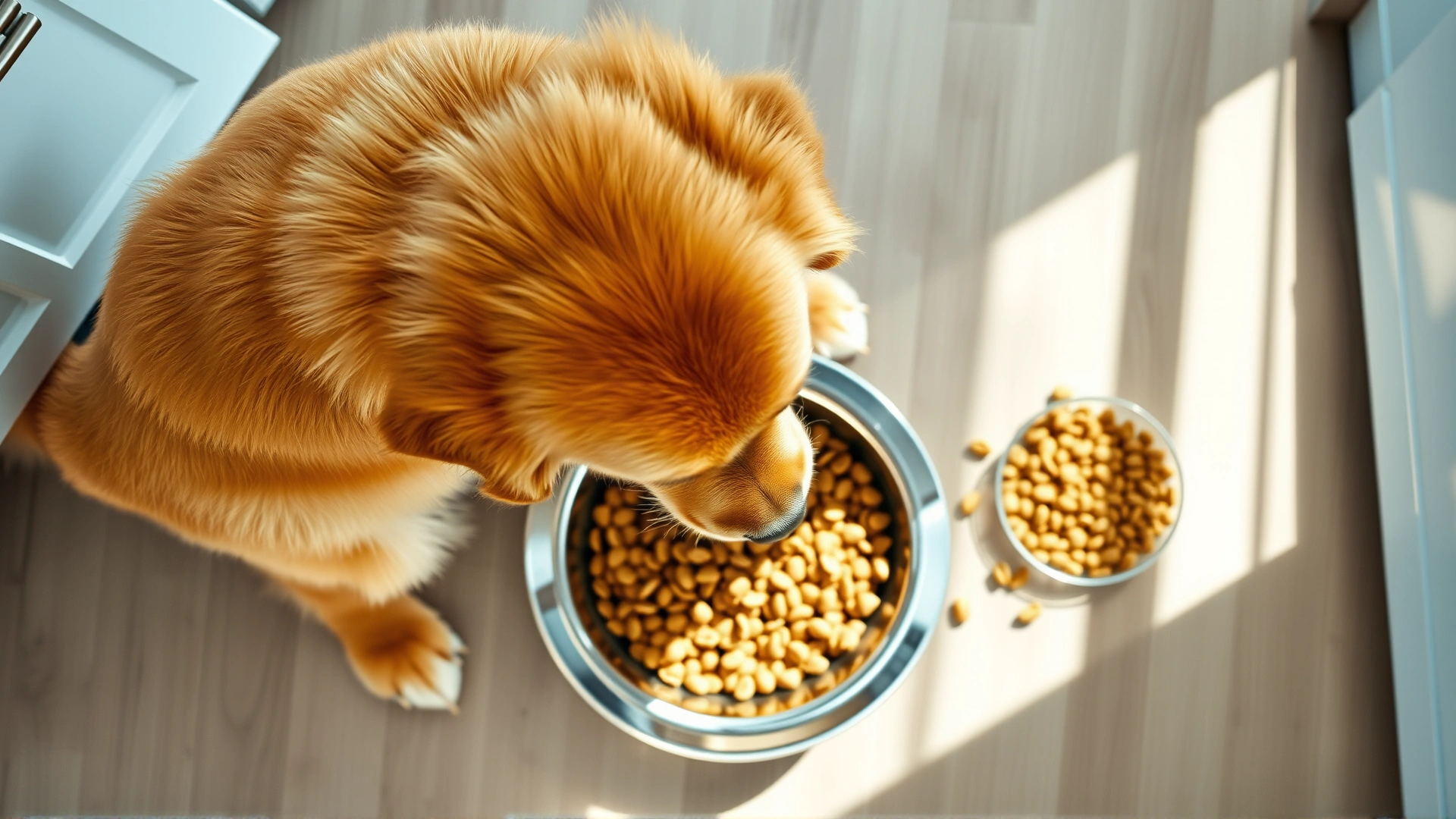 Top-down view of a Golden Retriever eating from a stainless steel bowl filled with high-quality kibble on a kitchen floor, bright lighting
