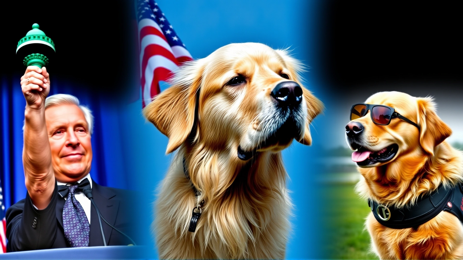 Collage of historical Golden Retrievers: President Gerald Ford with Liberty, a Golden Retriever guiding a visually impaired person, and a search-and-rescue Golden with a vest, vibrant colors