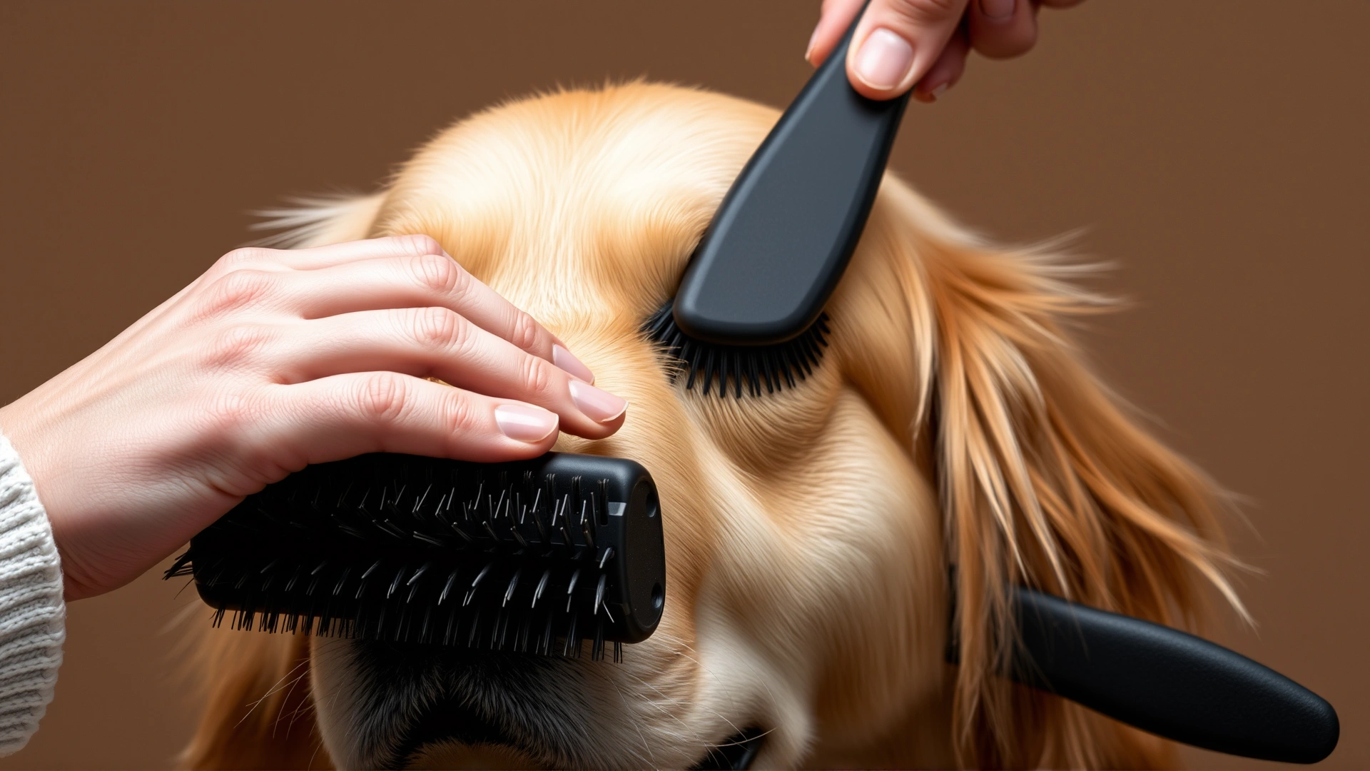 Close-up image of hands brushing a Golden Retriever’s thick coat with a slicker brush, focus on fur detail, neutral background