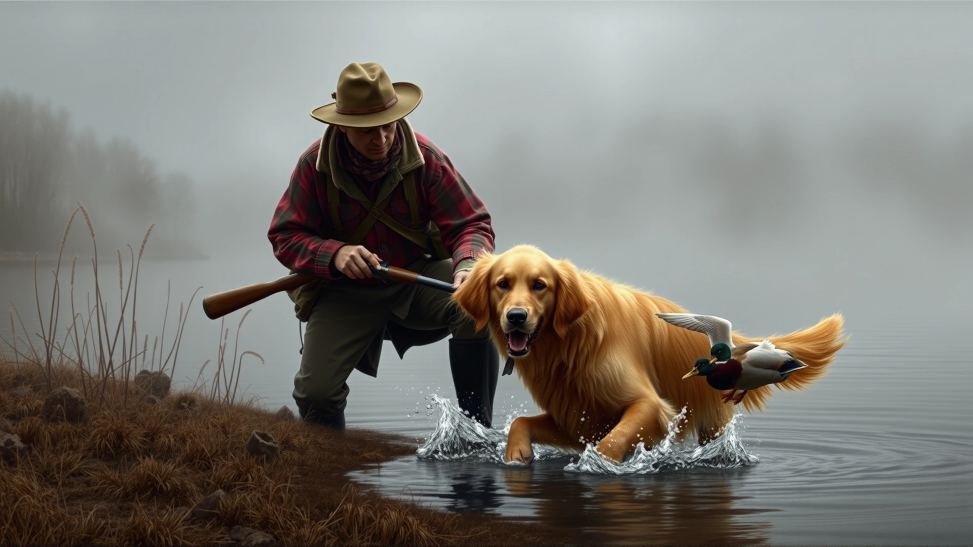 Vintage-style illustration of a Scottish hunter with an early Golden Retriever retrieving a duck near a misty lake, muted colors