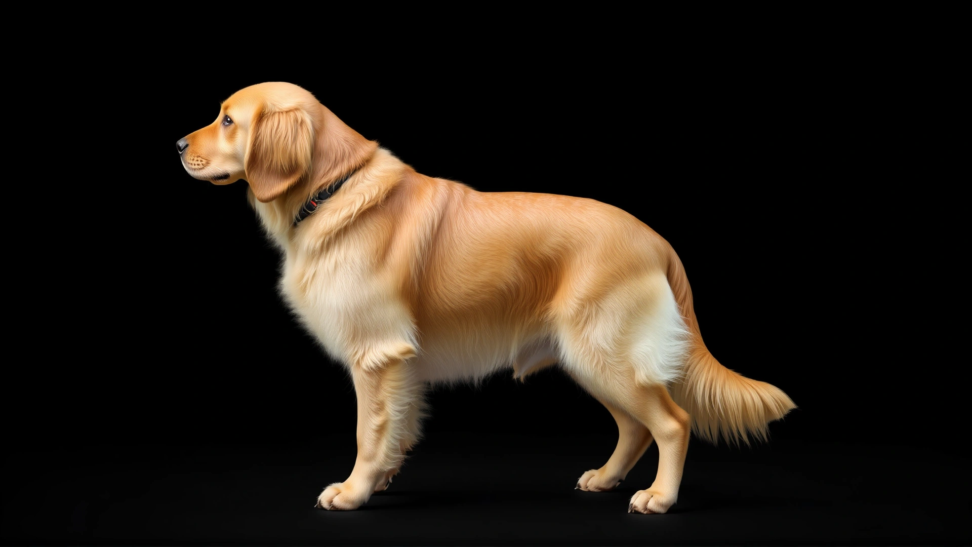 Side-profile studio photo of an adult Golden Retriever standing, clearly showing body proportions and coat texture, plain dark background