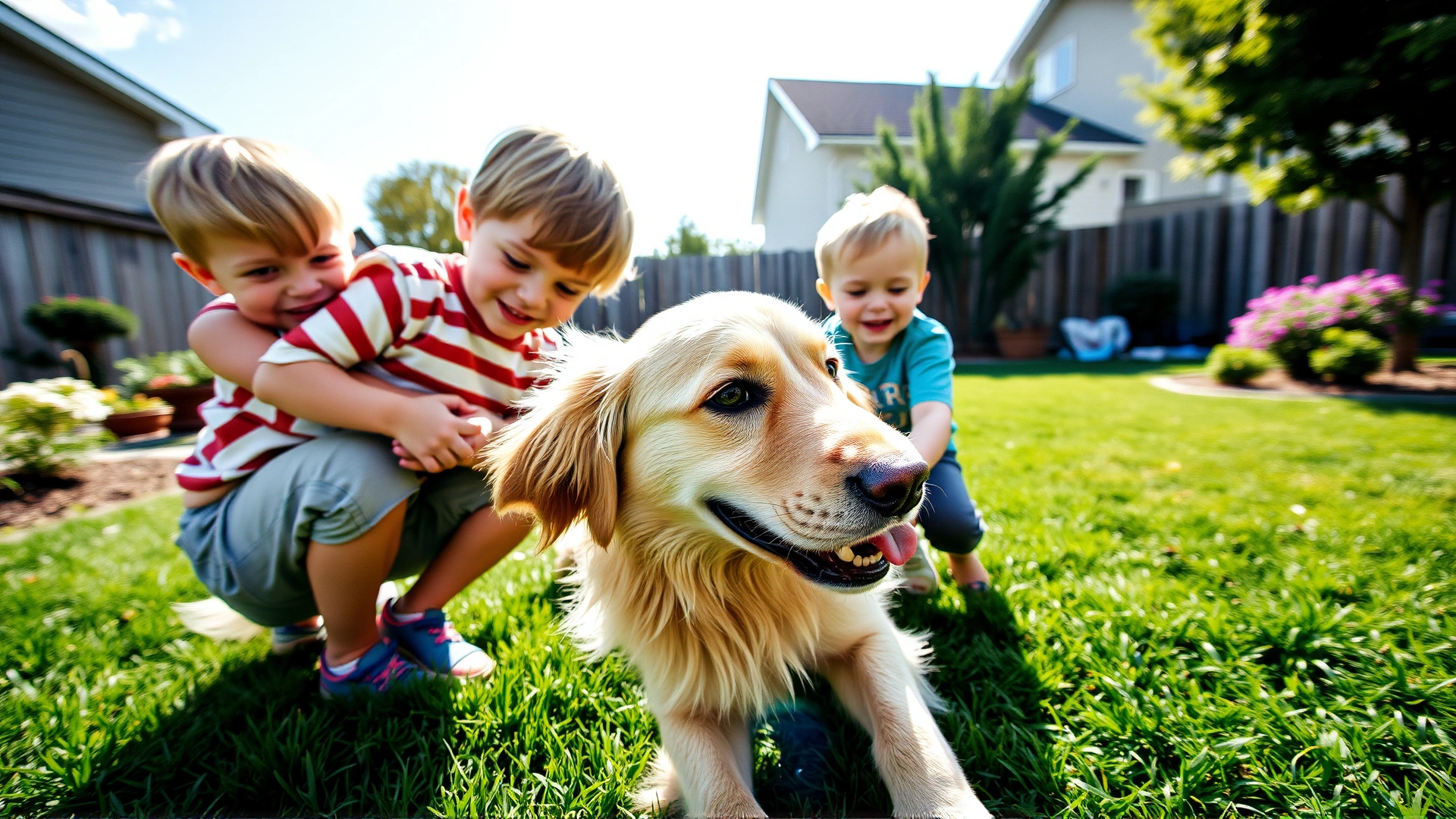Golden Retriever playing gently with two young children in a suburban backyard on a sunny day.
