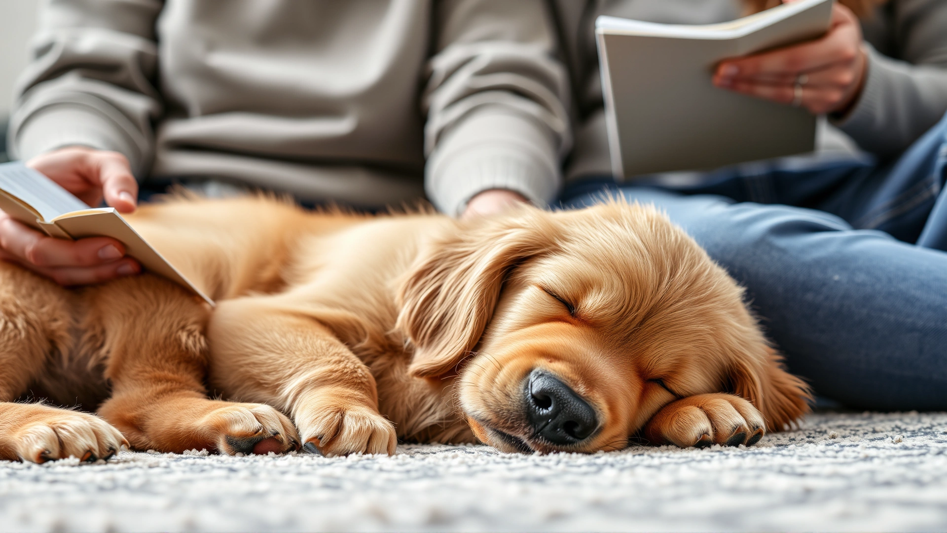 A Golden Retriever puppy sleeping beside a couple reading dog care guides