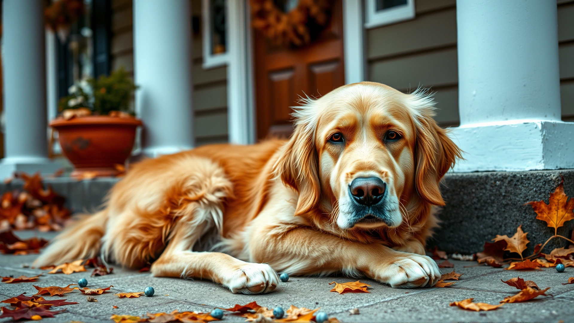 Senior Golden Retriever with some gray fur relaxing on a porch with autumn leaves around, warm nostalgic atmosphere