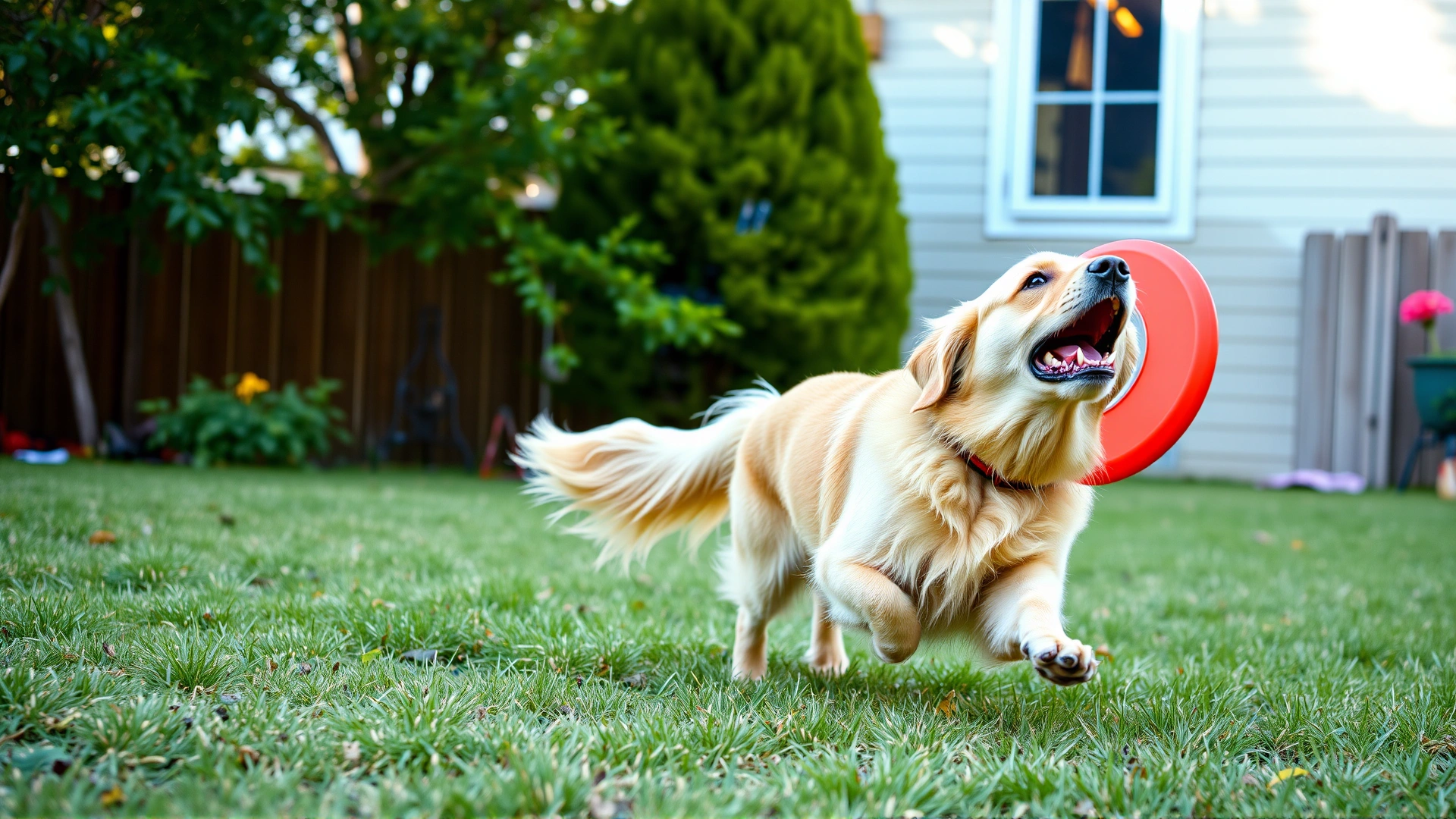 Golden Retriever and young child playing fetch with a frisbee in a backyard, candid happy moment, bright colors