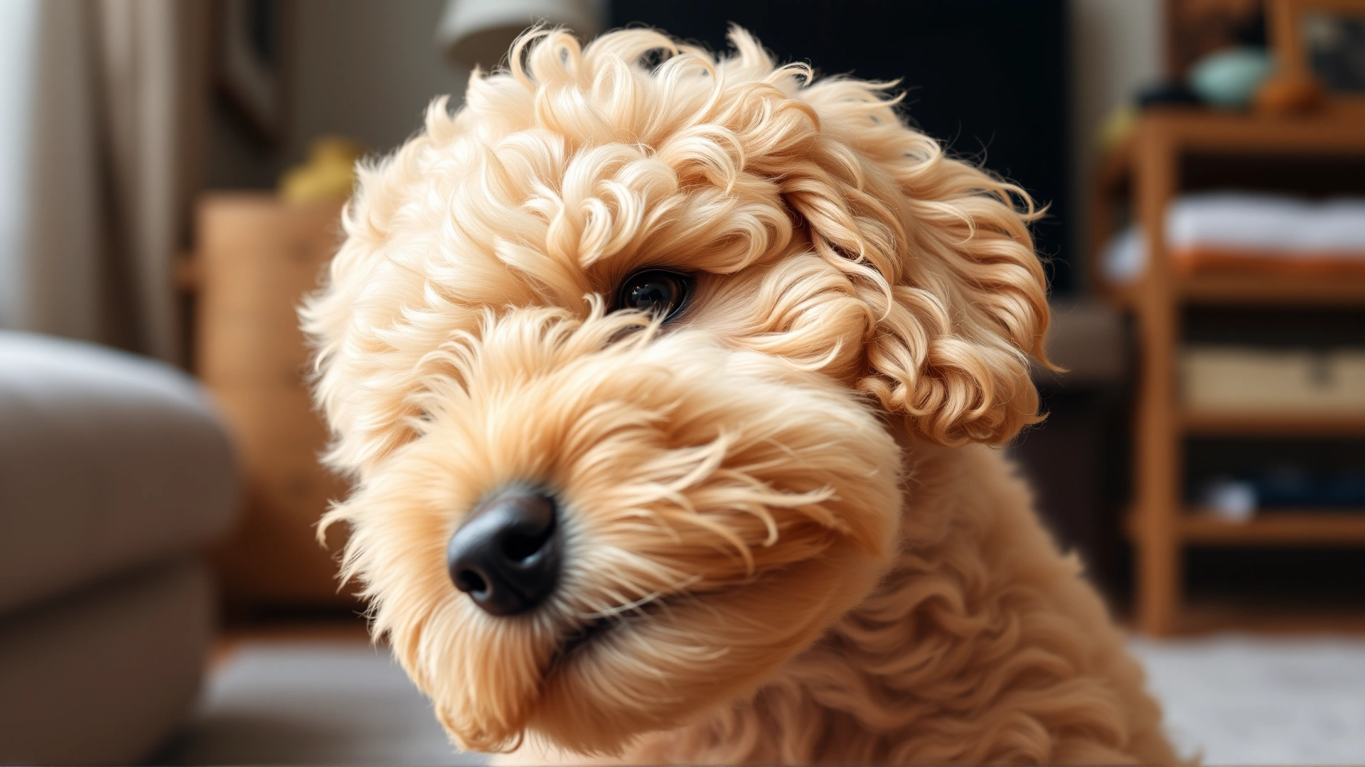 Close-up of a Goldendoodle puppy with curly cream fur tilting its head in a cozy indoor setting.