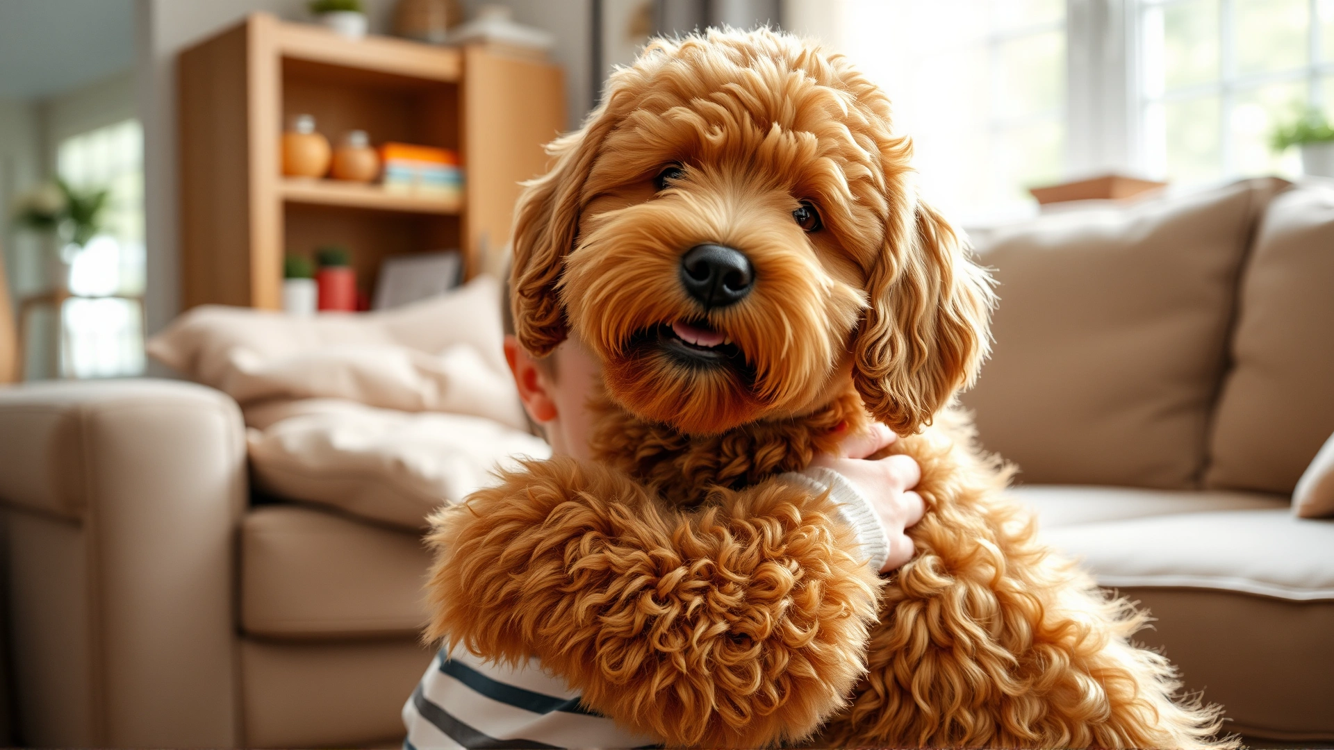 Playful Goldendoodle giving a gentle hug to a smiling child in a home living room, candid moment, soft natural window light