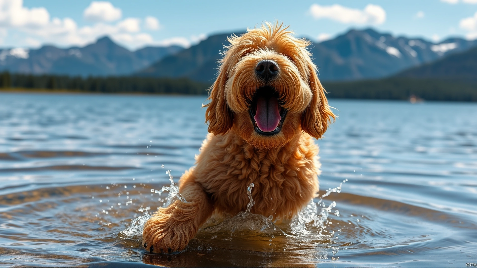 A Goldendoodle joyfully splashing in a shallow lake with mountains in the background