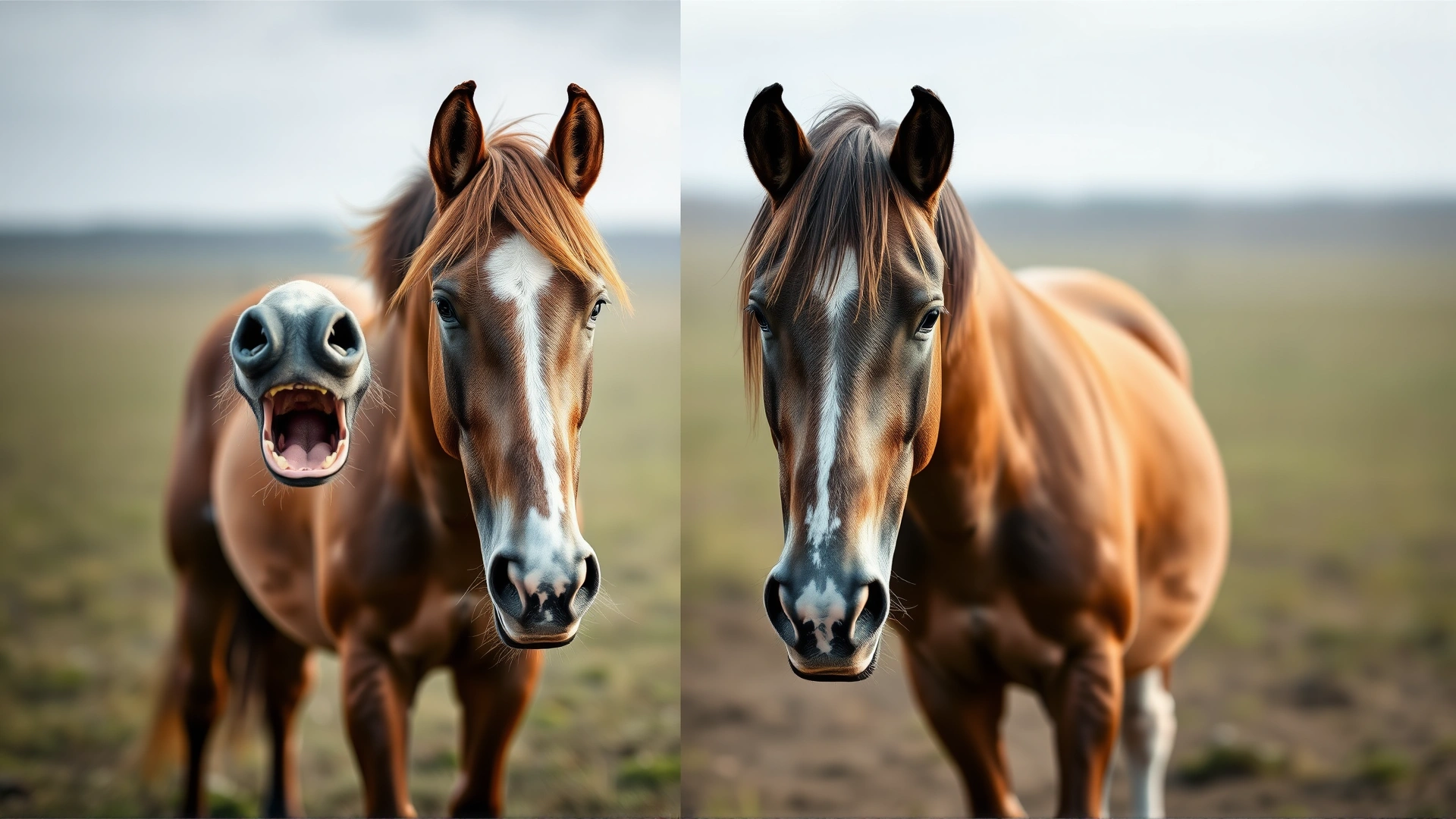 Side-by-side concept image of a happy energetic horse versus the same horse standing quietly with drooping head, soft focus, no text