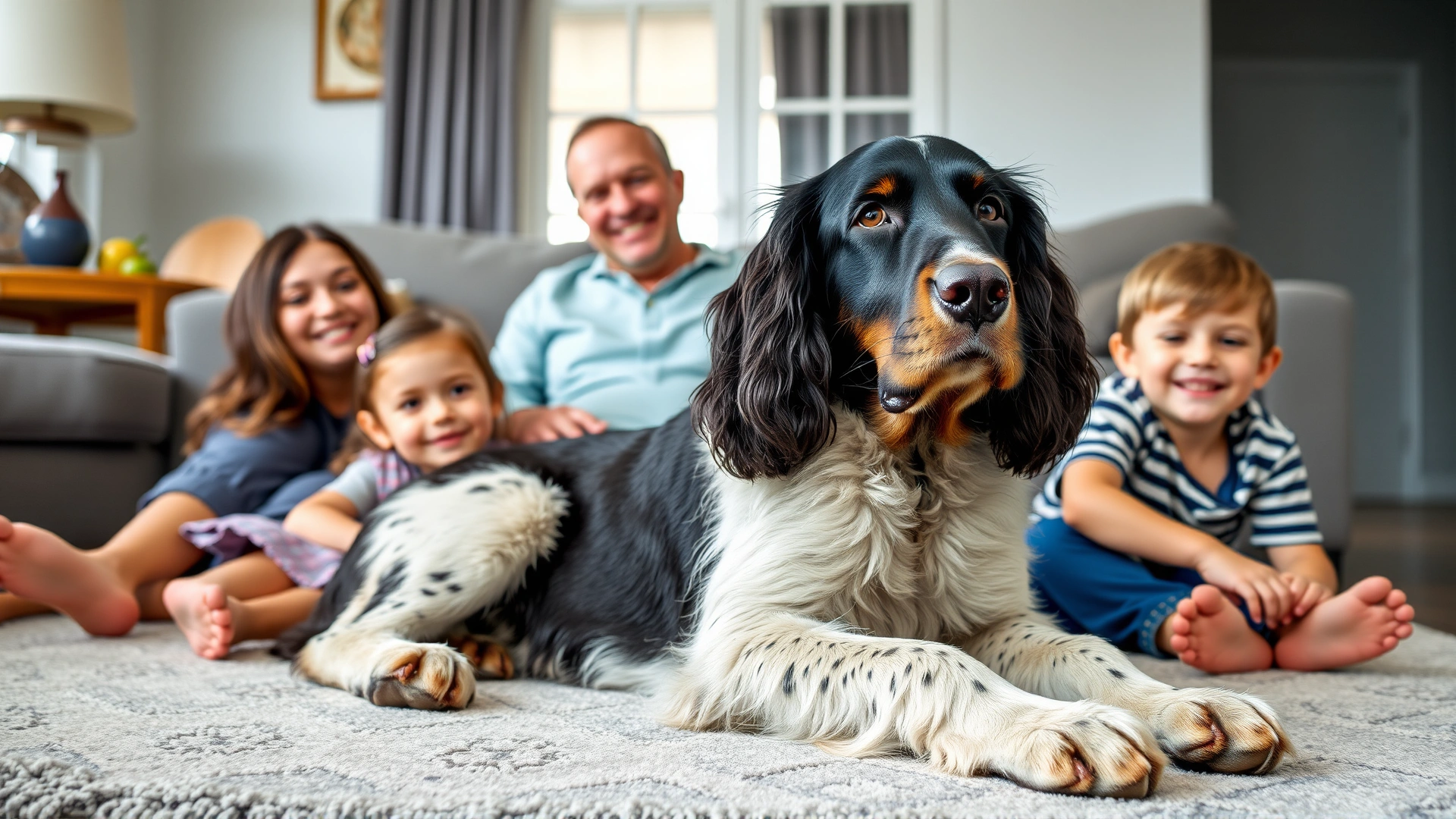 Gordon Setter relaxing on a living-room rug with a smiling family and two children, portraying its gentle family-friendly nature.