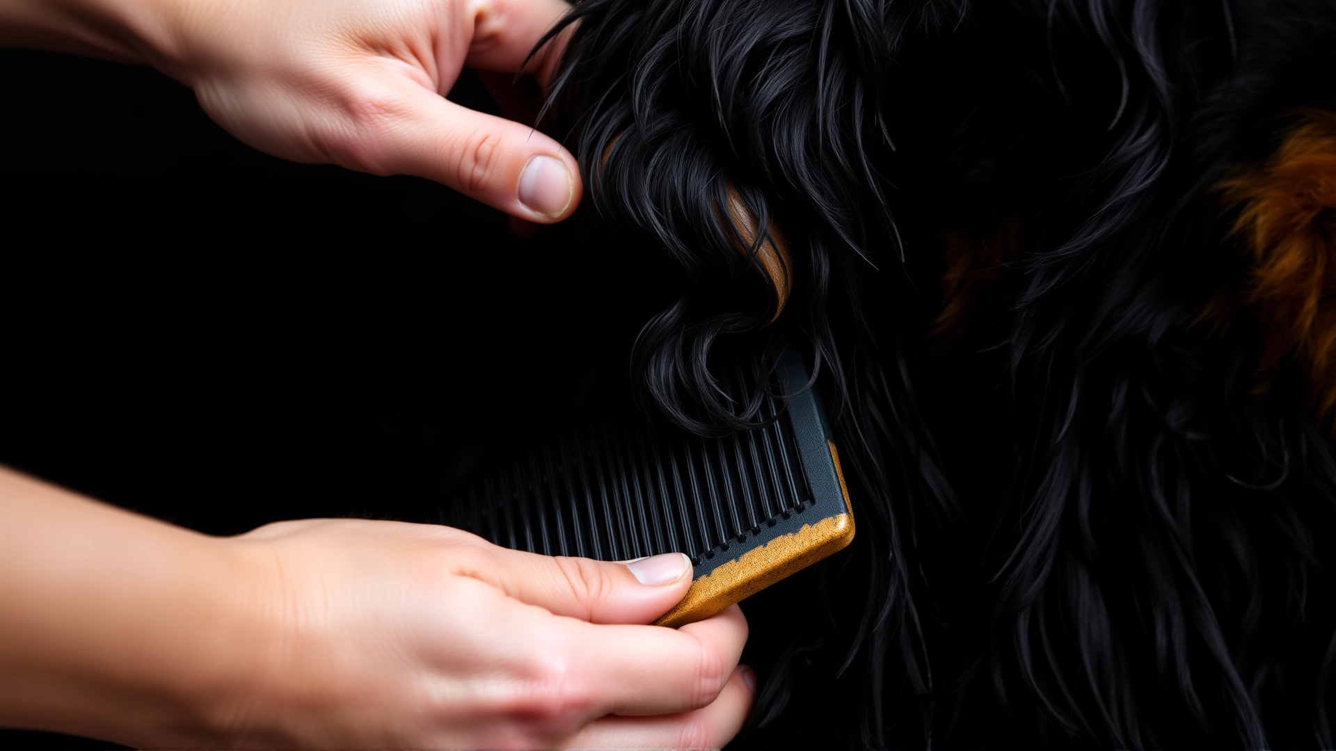 Close-up of hands brushing a Gordon Setter’s long black and tan coat, showing grooming process and coat texture.