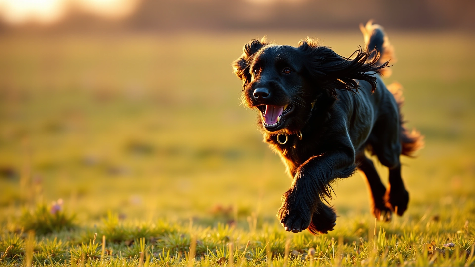 Gordon Setter happily running through a meadow during golden hour, ears and coat flowing, conveying energy and joy.