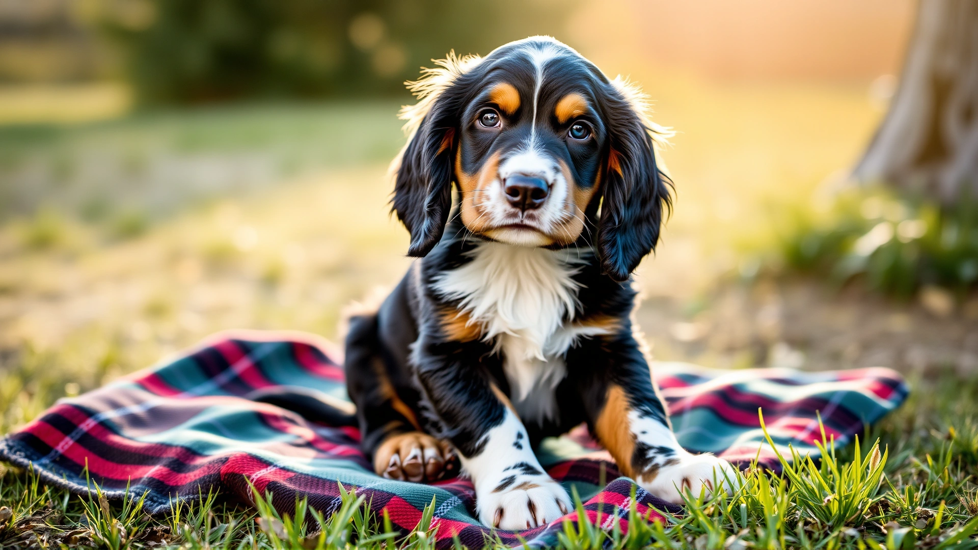 Adorable Gordon Setter puppy sitting on a plaid blanket outdoors, looking curiously at the camera with soft morning light.