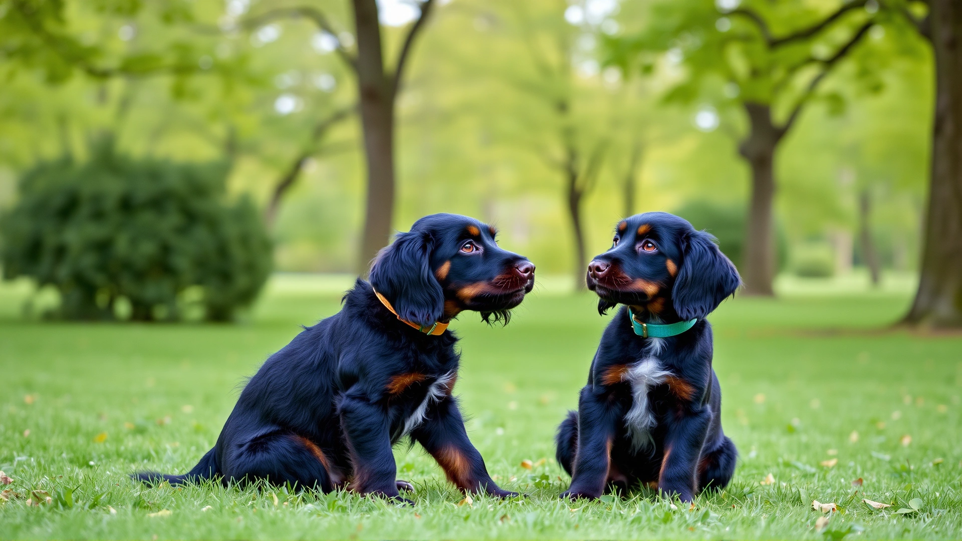 Owner training a young Gordon Setter puppy in a green park using treats and positive reinforcement.